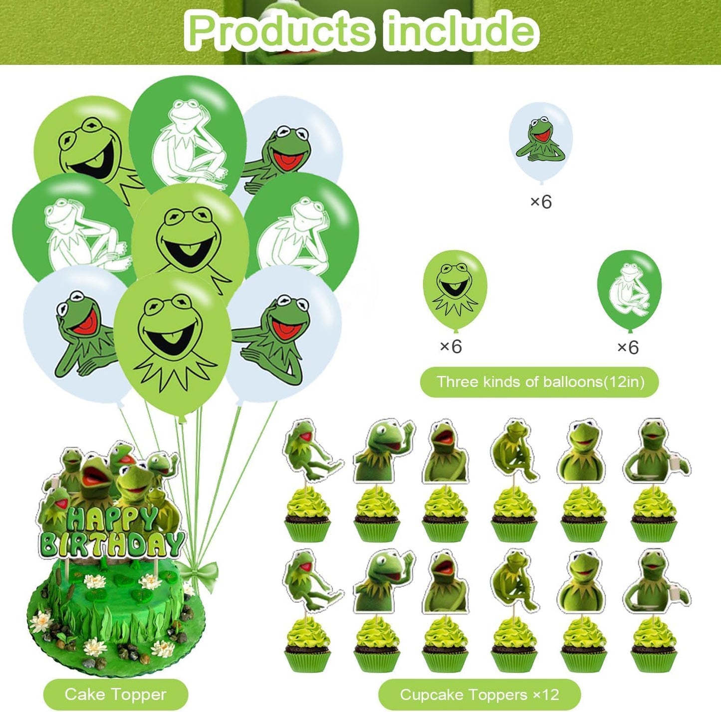 Frog Party Decorations,Kermit Frog Birthday Party Supplies Includes Banner- Cake Topper - 24 Cupcake Toppers - 18 Balloons