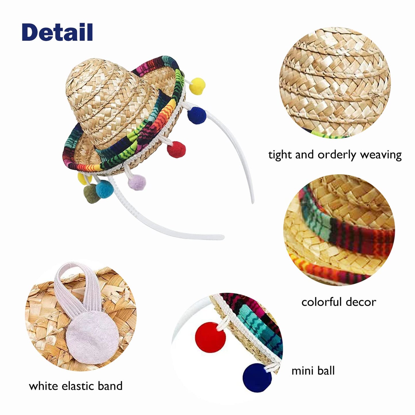 SEIHDHIK 2 PCS Mini Sombrero Headbands, Small Fabric Mexican Sombrero Hats,Straw Mexican Sombrero Hats with Ball Fringe for Mexican Themed Party