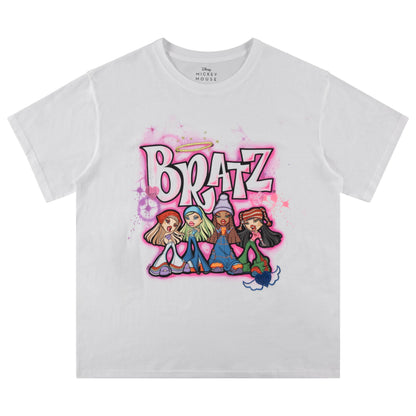 Bratz Ladies Original Dolls Shirt - Yasmin, Cloe, Jade, and Sasha 1990's Vintage Throwback Graphic T-Shirt (White Embroidered, Large)