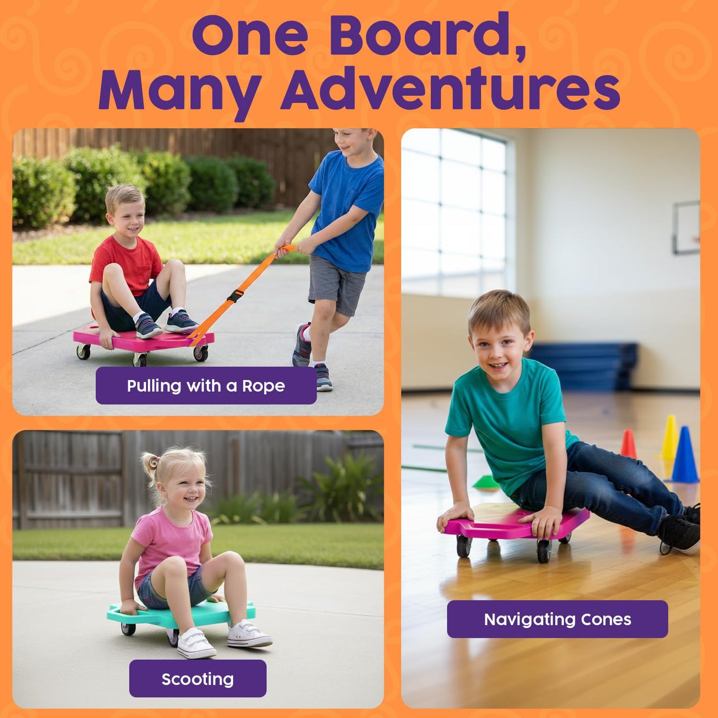 Hurtle Scooter Boards for Kids with Safety Handles, 2-Pack Heavy Duty Gym Floor Scooters with 360° Wheels for PE, Indoor Active & Sensory Play
