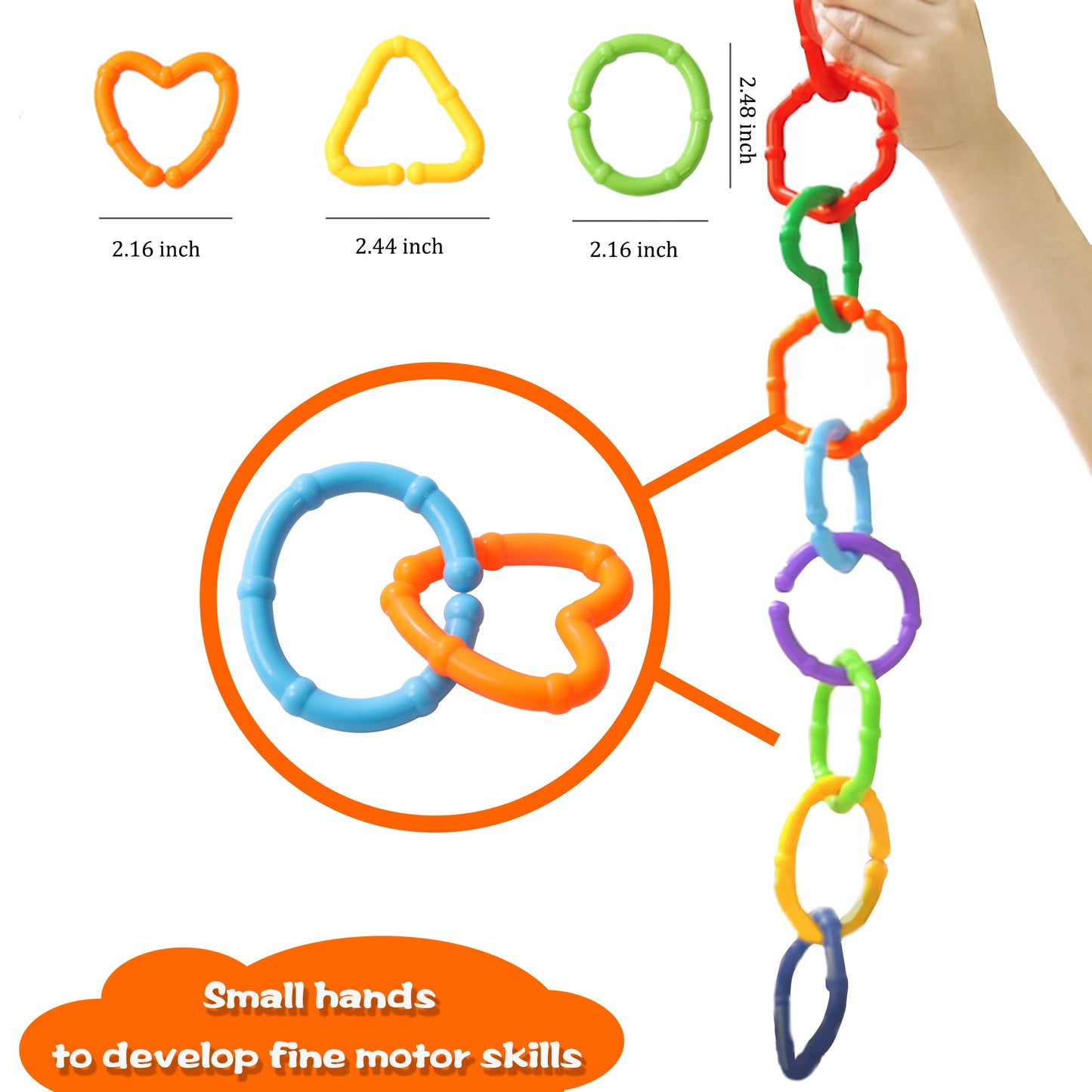RAINBOW TOYFROG Baby Links Rings - 35 Geometric Linking Chains for Infants & Toddlers - Safe Teething and Sensory Development Toys - Car Seat