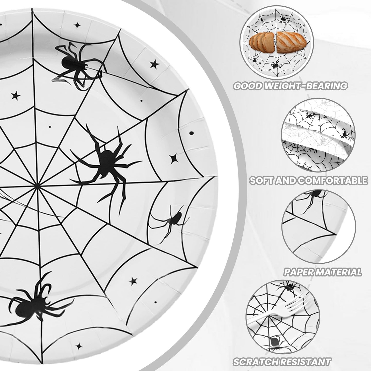 96 Pieces Halloween Spider Web Tableware Party Supplies - Disposable Dinnerware Set with Paper Plates, Napkins, and Forks for Spooky Halloween Party