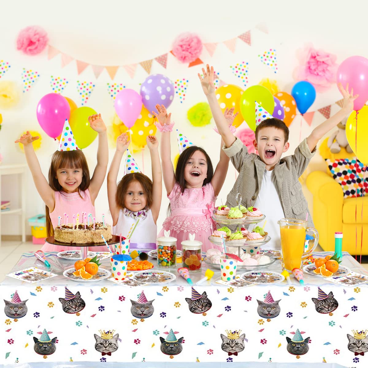 Cat Party Supplies Tableware ,20 Plates and 20 Napkins and Tablecloth71 '' x 42 '',Kids Cat Birthday Theme Party Decorate Supplies