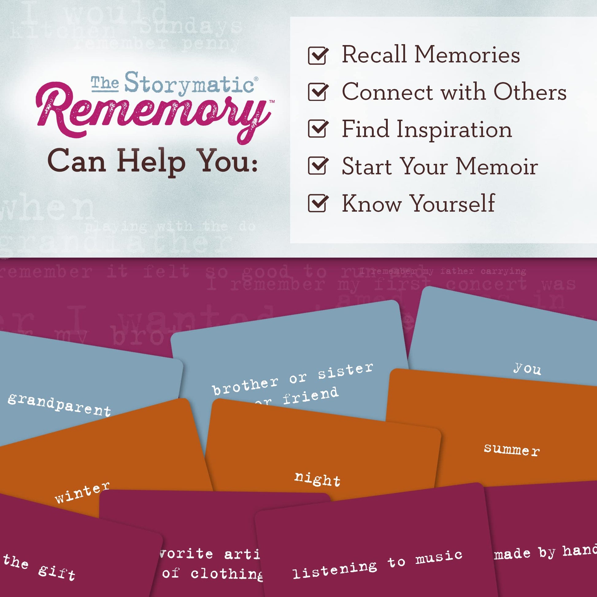 Storymatic Rememory - Writing Prompt and Memory Prompt - Conversation Cards for Family and Friends