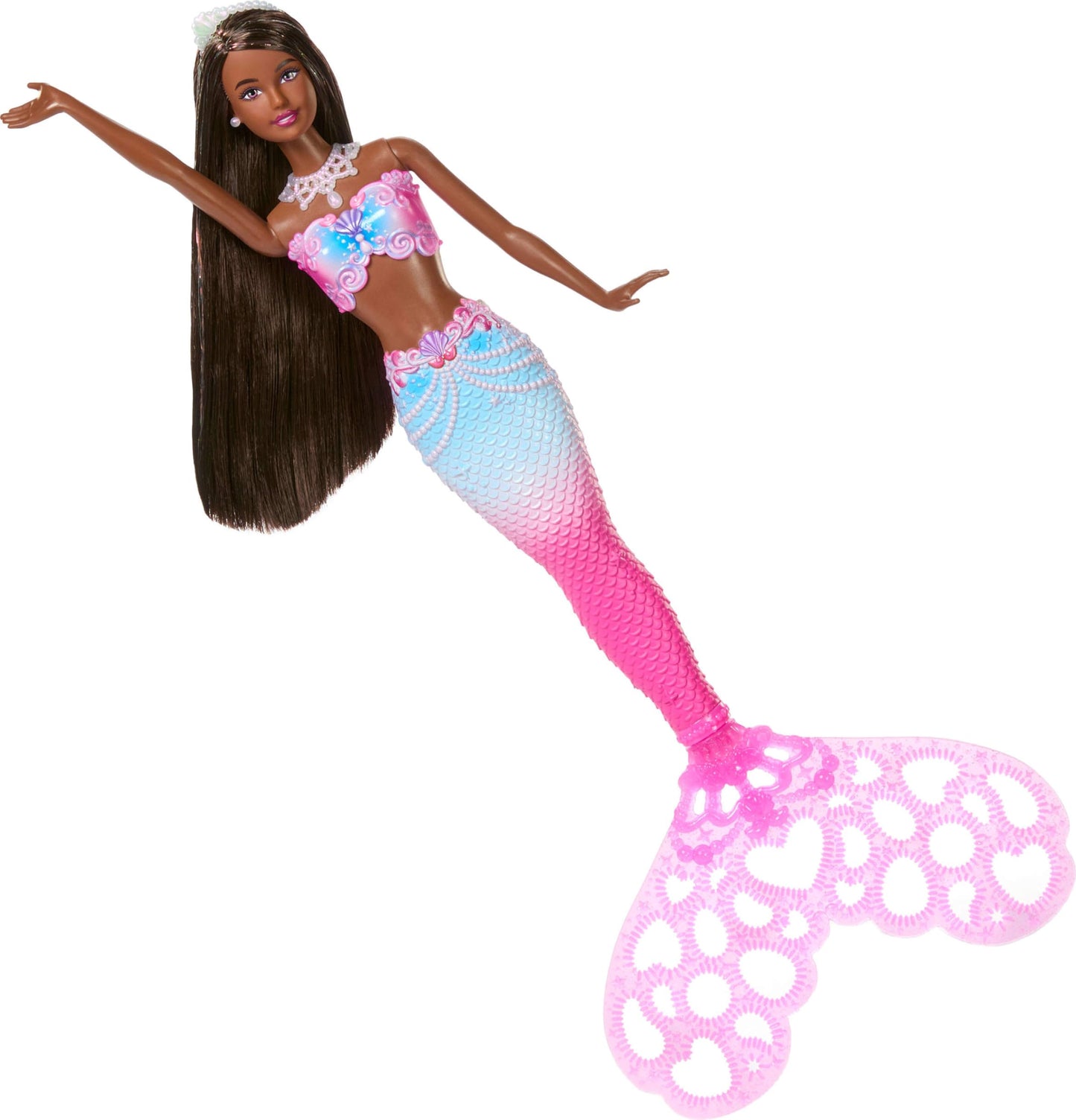 Barbie Bubble Sparkle Mermaid Doll with Bubble-Making Feature & Solution, Tray & Hairbrush, Plus Long, Color-Streaked Brunette Hair
