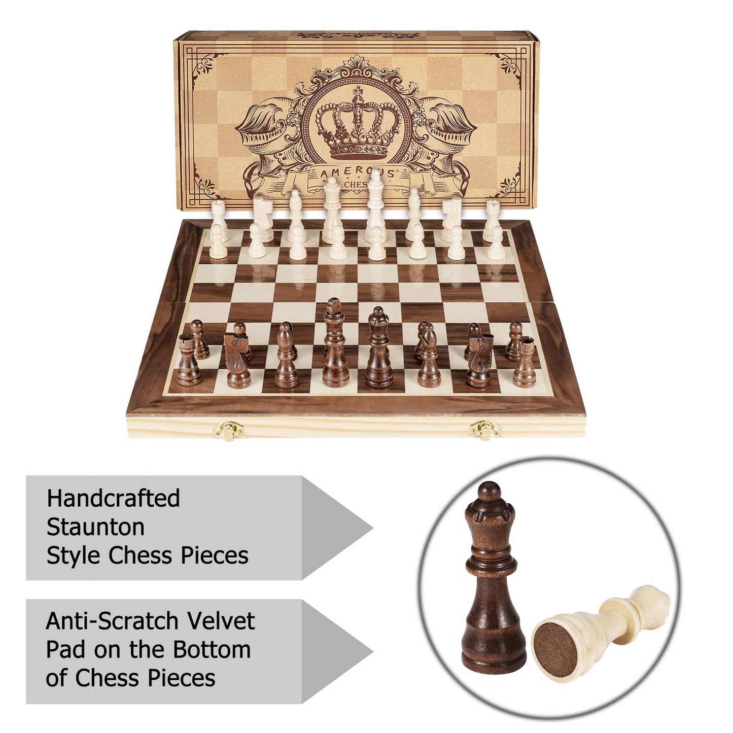 AMEROUS 15 Inches Magnetic Wooden Chess Set - 2 Extra Queens - Folding Board - Pieces Storage Slots, Handmade Portable Travel Chess Game - Beginner