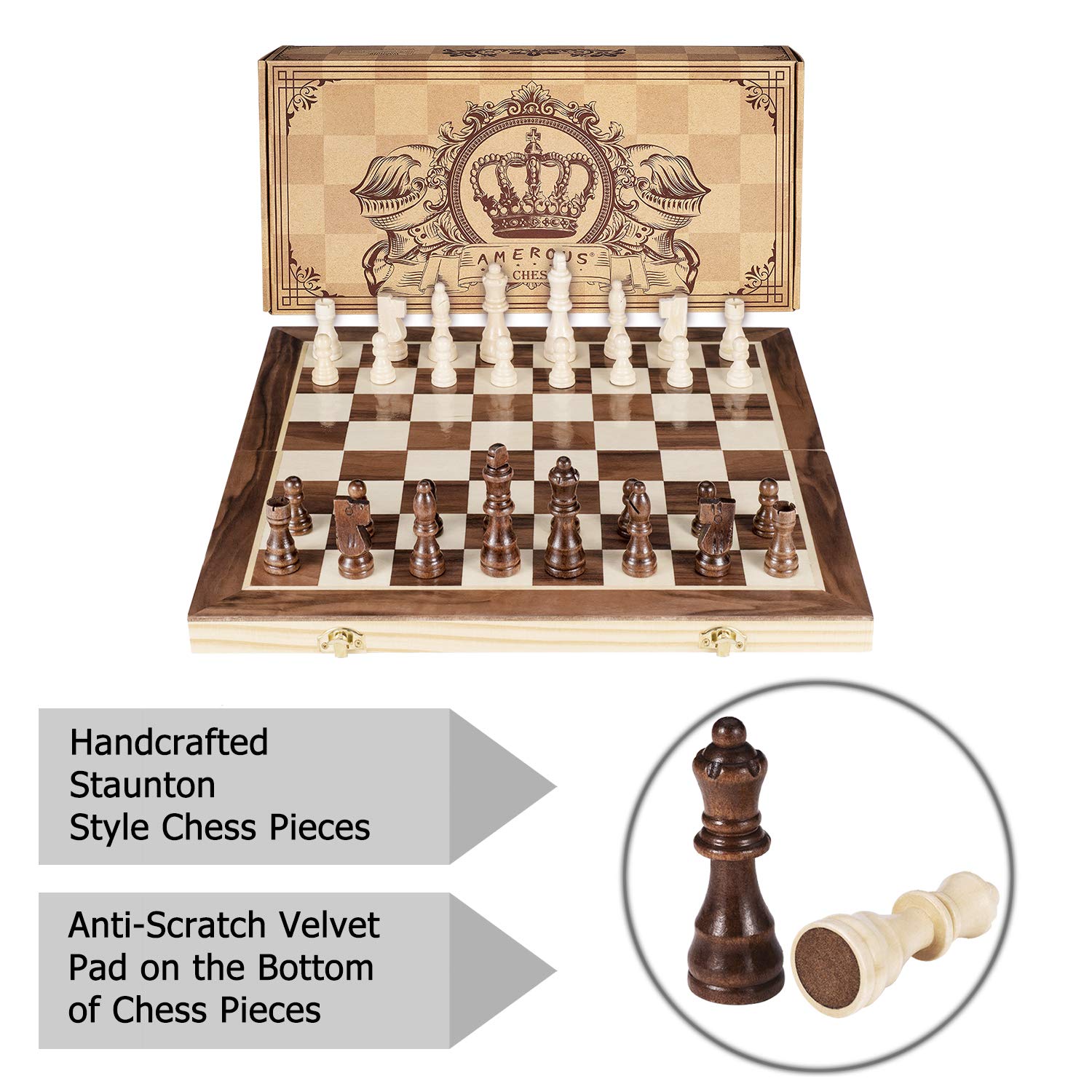 AMEROUS 15 Inches Magnetic Wooden Chess Set - 2 Extra Queens - Folding Board - Pieces Storage Slots, Handmade Portable Travel Chess Game - Beginner