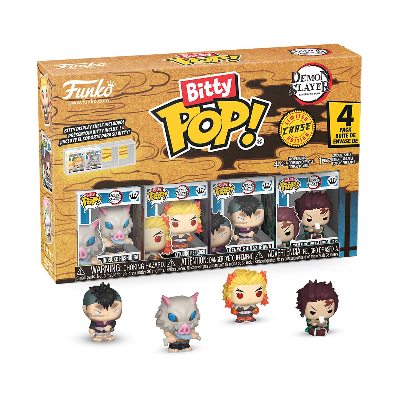 Funko Pop! Bitty 4pk: Demon Slayer - Inosuke Hashibira, Kyojuro Rengoku, Genya Shinazugawa, and Mystery Figure - 0.9 Inch (2.2 Cm) Collectable