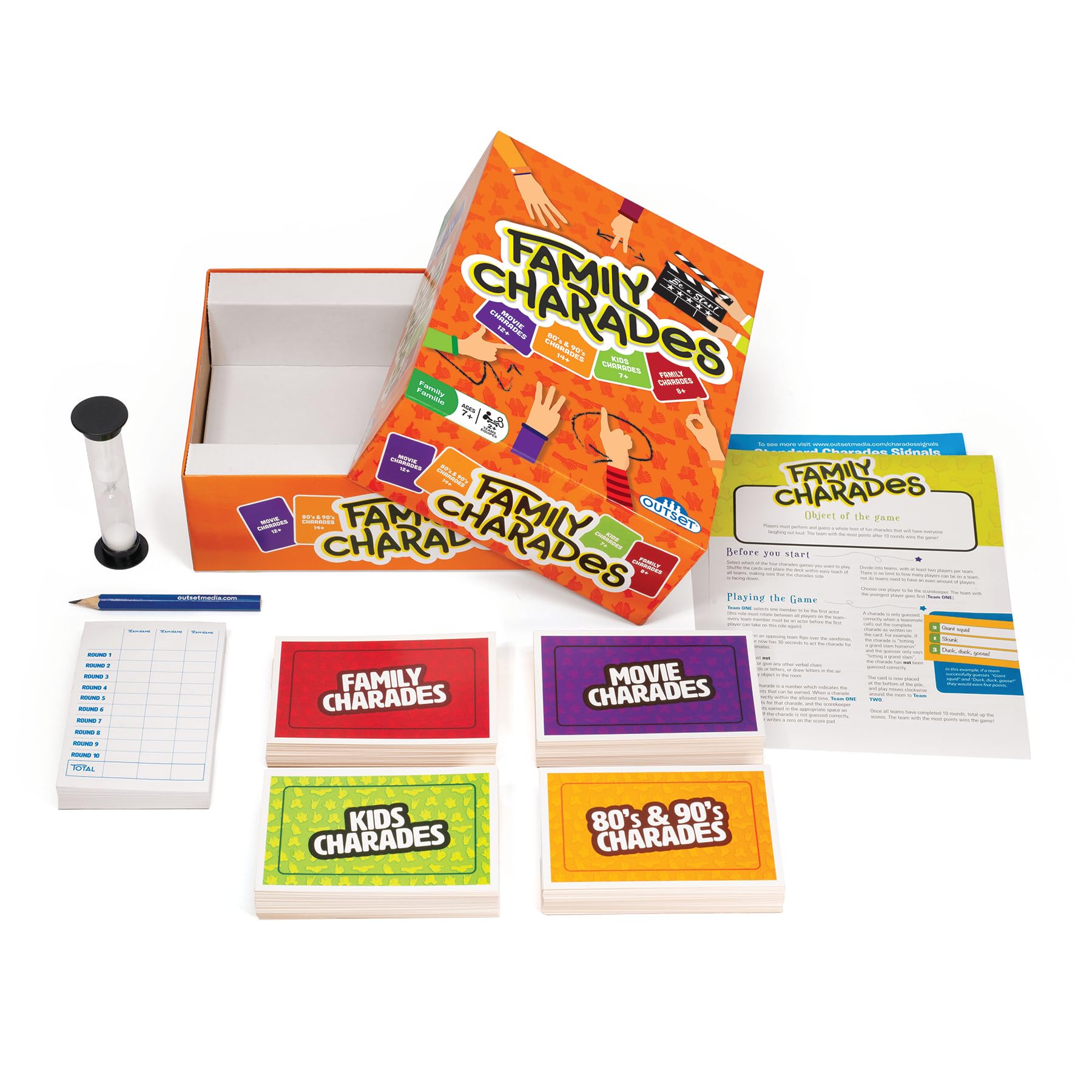 Outset Media Family Charades Game; 4 Games in 1 Box. Includes Movie, 80's 90's, Kids, Family Trivia for 2 or More Players, Ages 7 and up.