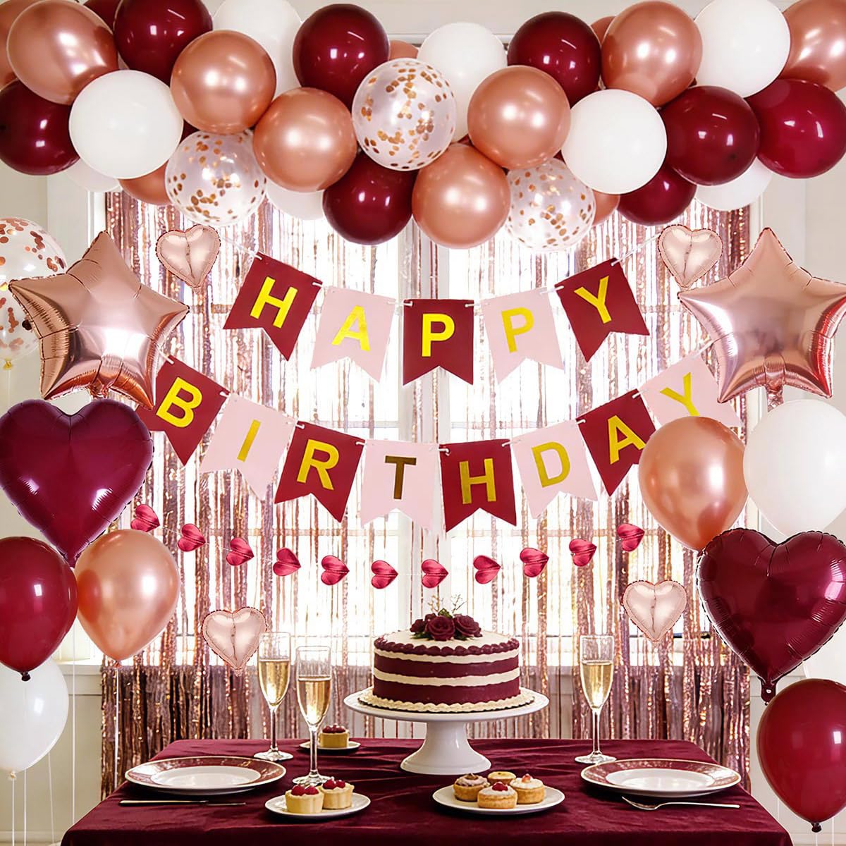 MSMANCY Burgundy Birthday Decorations for Women with Happy Bithday Banner, Curtains, Burgundy Heart Balloons for 16th 18th 21st 30th 40th 50th 60th