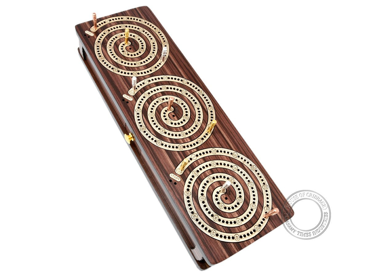 House of Cribbage - 3 Track - Spiral Design Continuous Cribbage Board/Box Inlaid in Rosewood/Maple Wood - Separate Storage Space for Two Deck of Cards