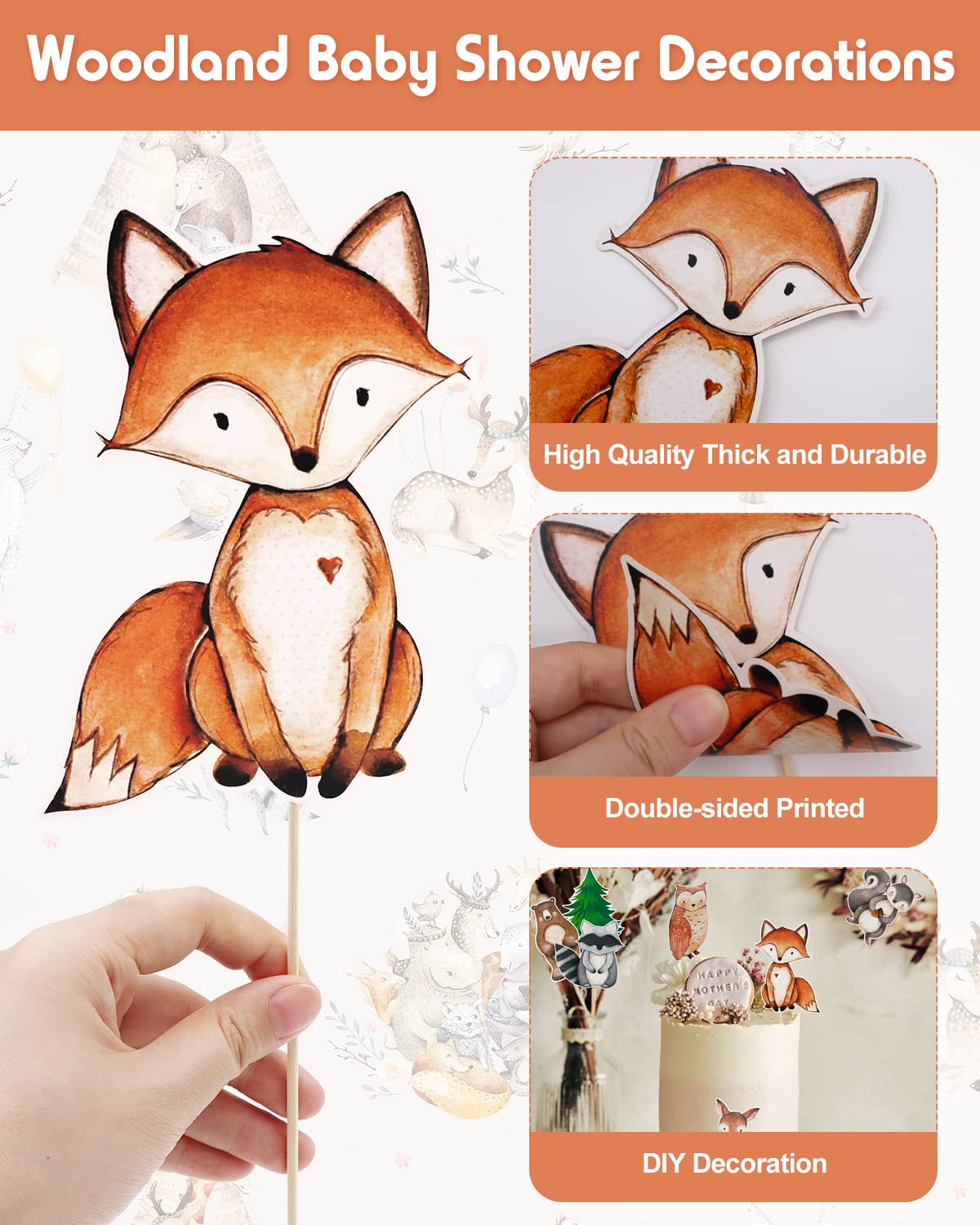 yuuzue 24pcs Woodland Animals Cake Topper, Baby Shower Decorations, Double-Sided Printed Forest Friends Centerpiece Sticks for Wild One Camping Party