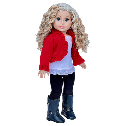 Uptown Girl - 4 Piece Outfit - Red Ruffled Jacket, White Tank Top, Black Leggings and Boots - Clothes Fits 18 Inch Doll (Doll Not Included)