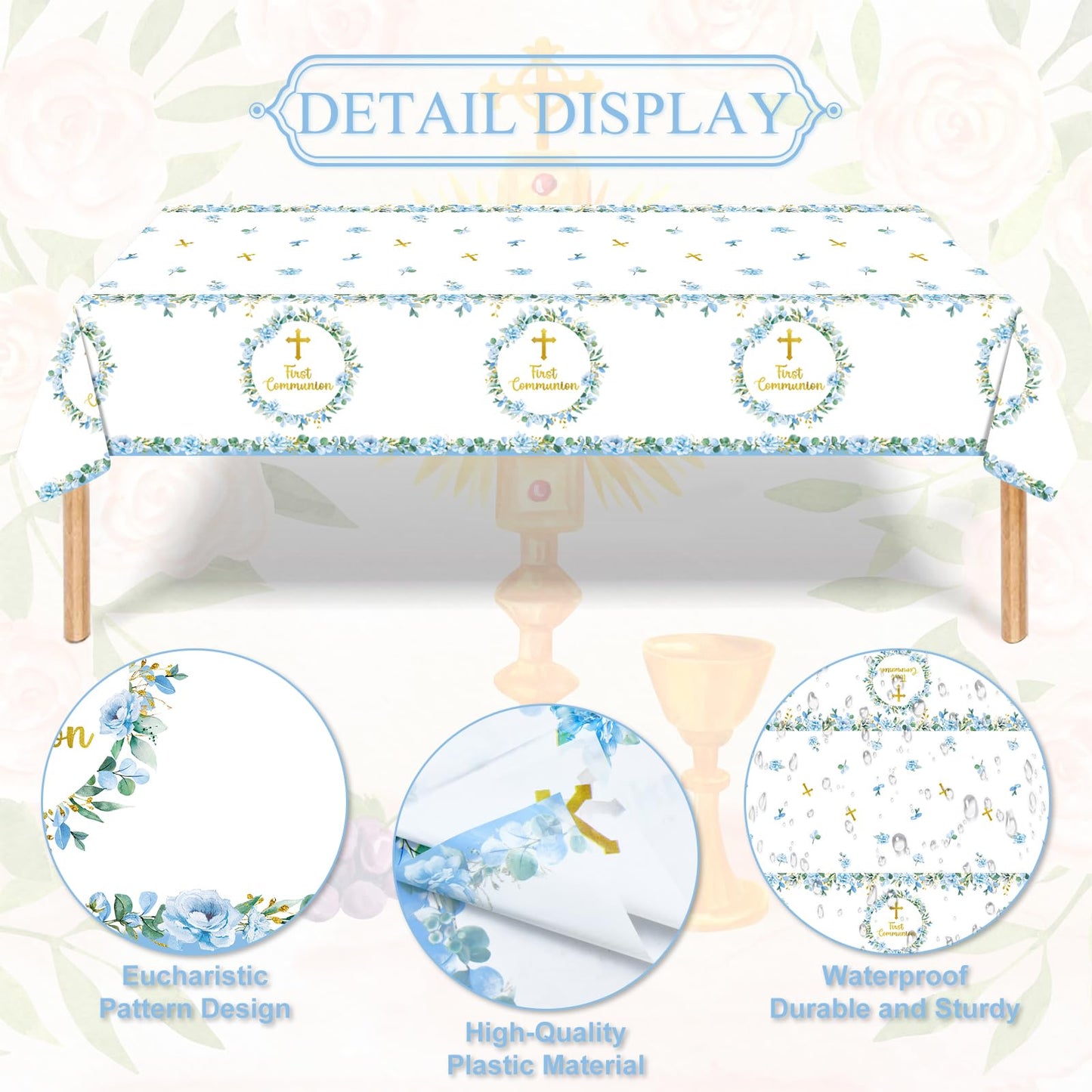 Pedenty 3-Piece 54 x 108 Inch First Communion Plastic Tablecloth - Floral Cross Disposable Rectangle Table Covers for First Communion Party, Church