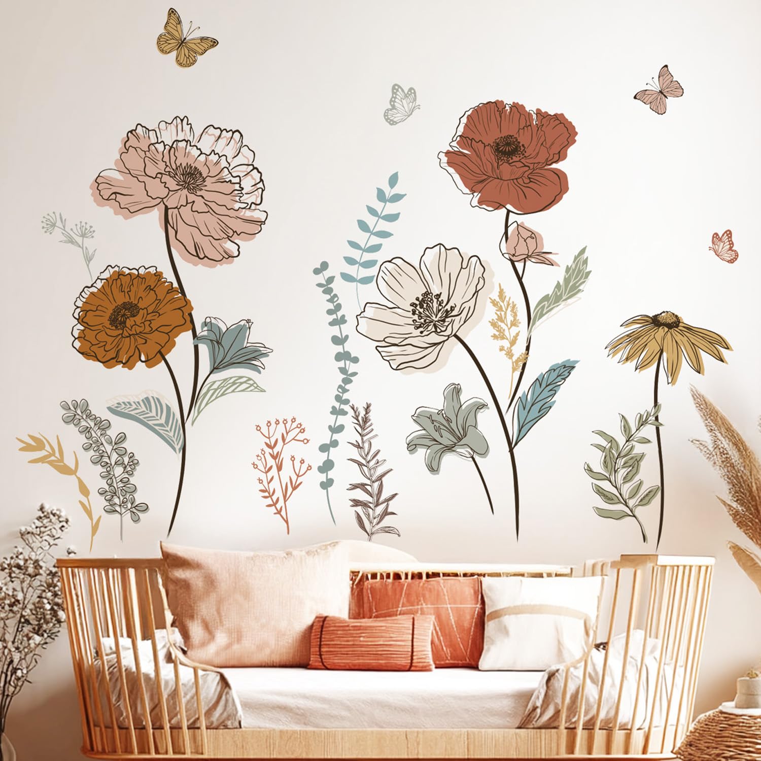 Large Boho Flower Wall Decals, Floral Grass and Butterfly Wall Stickers for Bedroom Living Room Decor Gifts for Mom