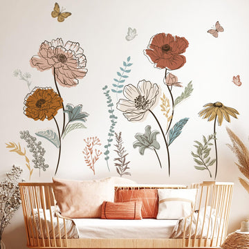 Large Boho Flower Wall Decals, Floral Grass and Butterfly Wall Stickers for Bedroom Living Room Decor Gifts for Mom
