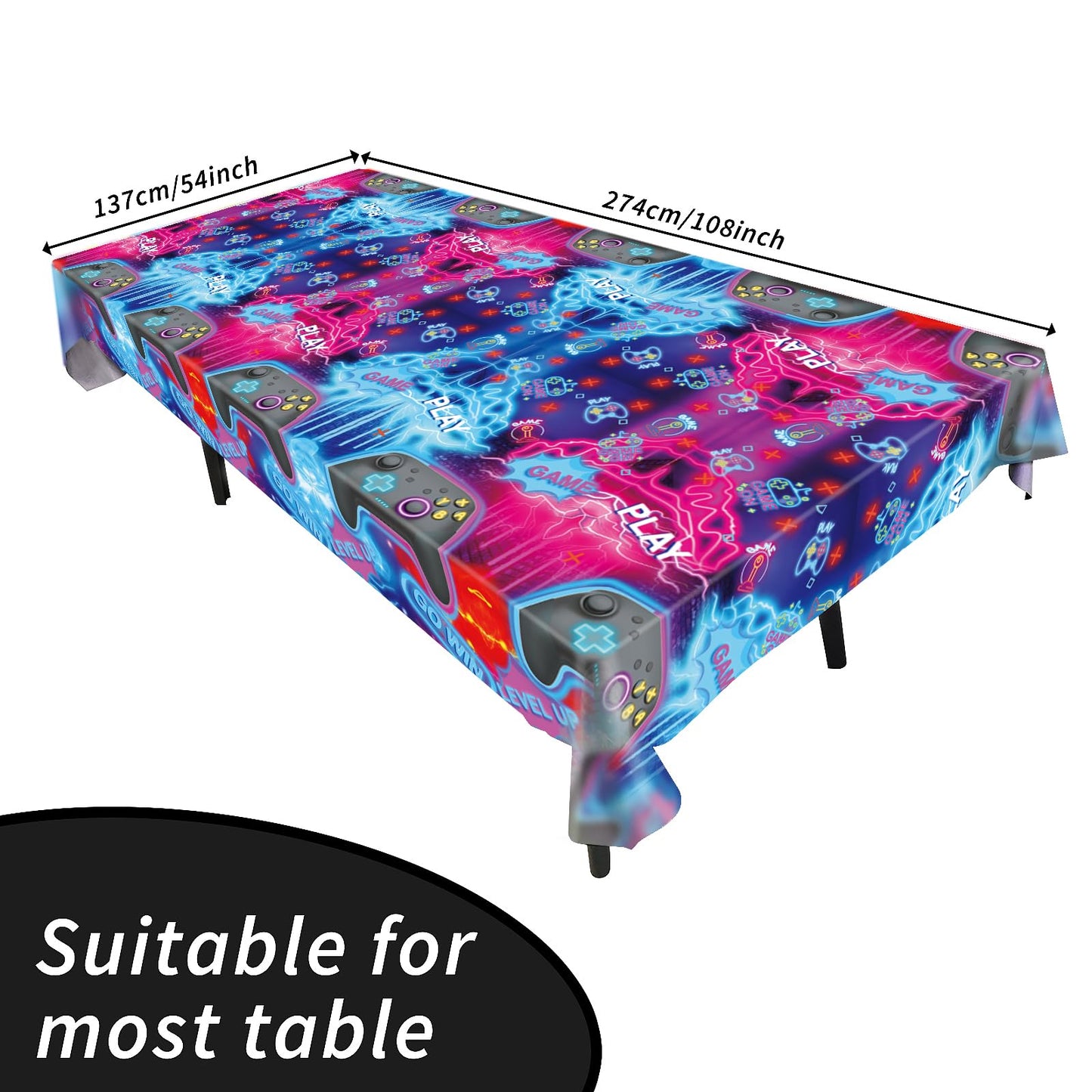 Idealmuzik 3pcs Video Game Tablecloth, Game Theme Birthday Decorations Supplies, Plastic Tablecloth, Rectangular Racetrack Tablecloth, Gamer