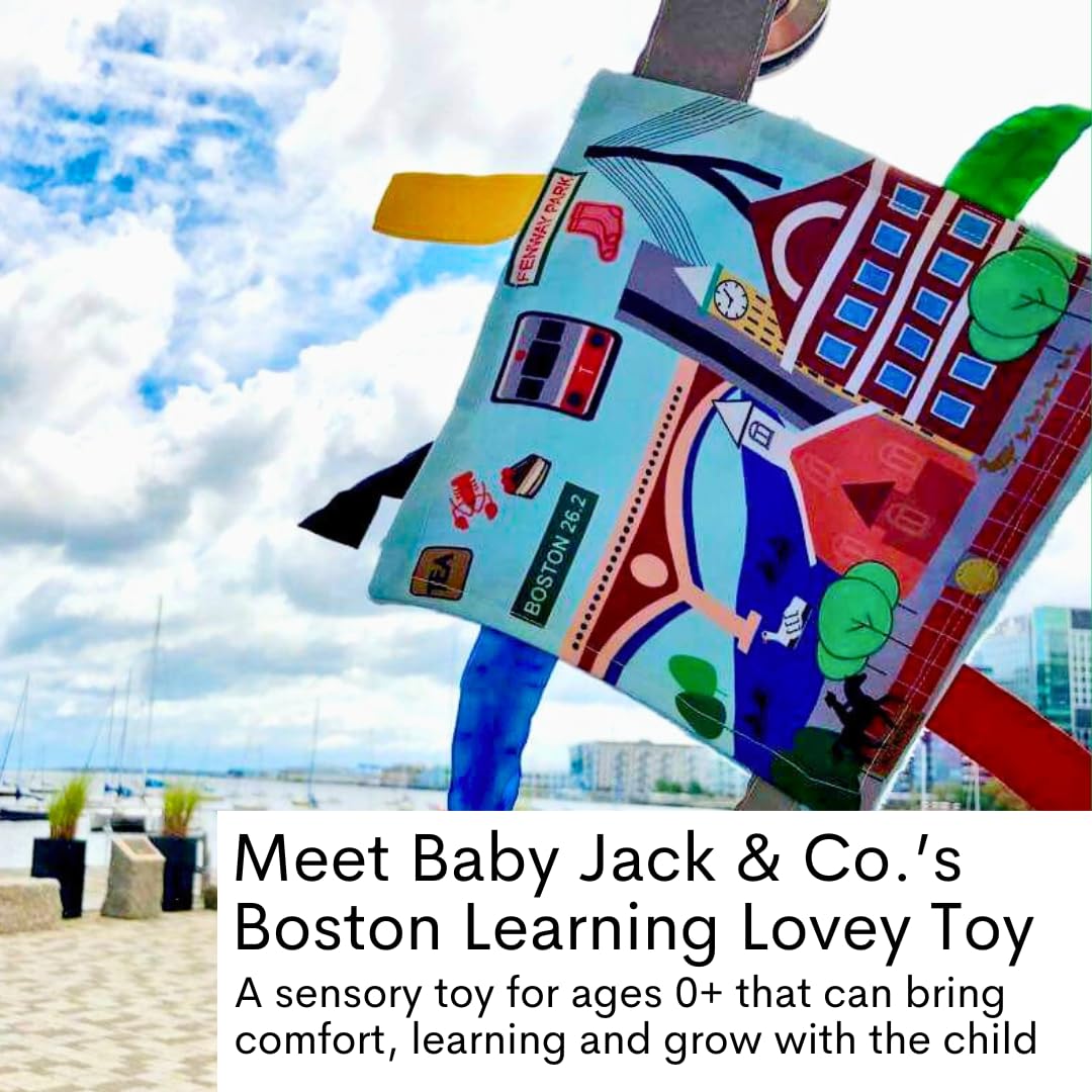 Baby Jack & Co 8x8” Learning Lovey Boston Massachusetts Tag Toys for Babies - Baby Crinkle Toys - Soft & Safe - Learn USA Cities and Shapes - Ideal