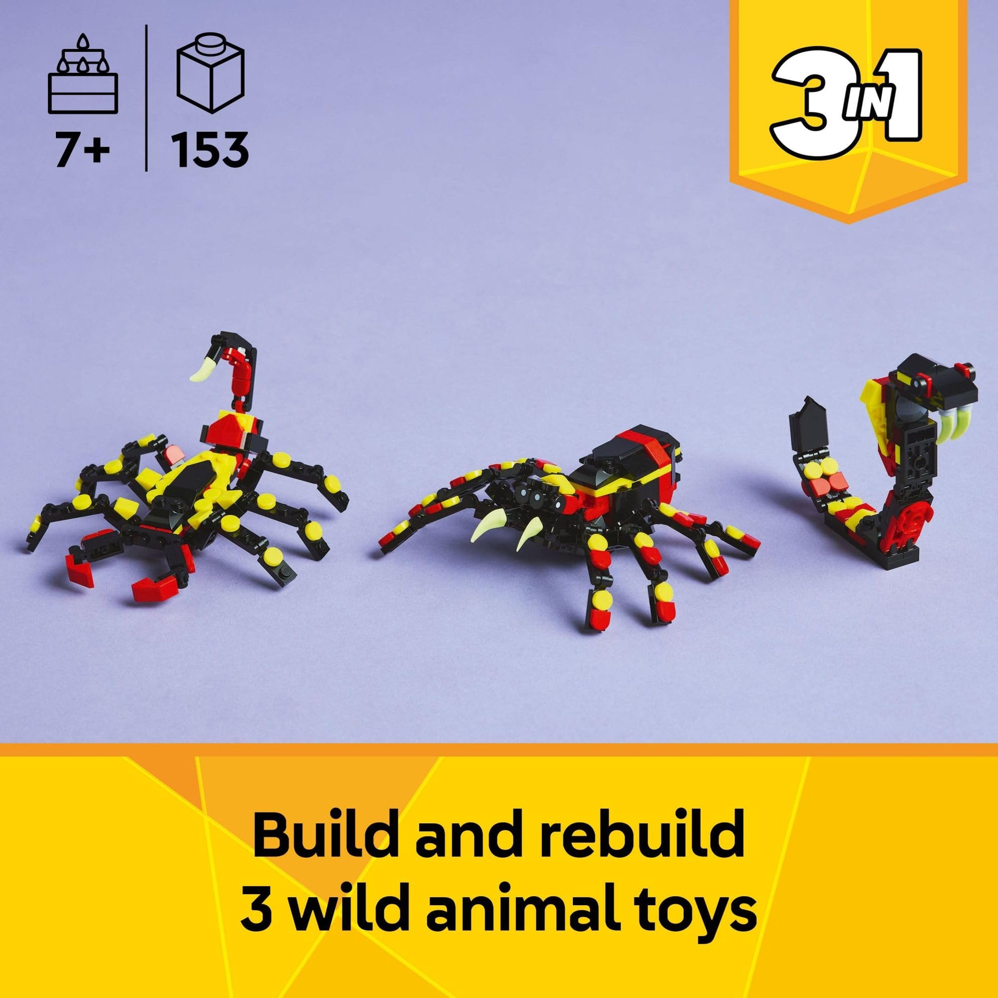 LEGO Creator 3 in 1 Wild Animals Surprising Spider Toy - Building Toy with 3 Build Options, Spider, Scorpion, or Snake - Animal Figures for Kids, Boys