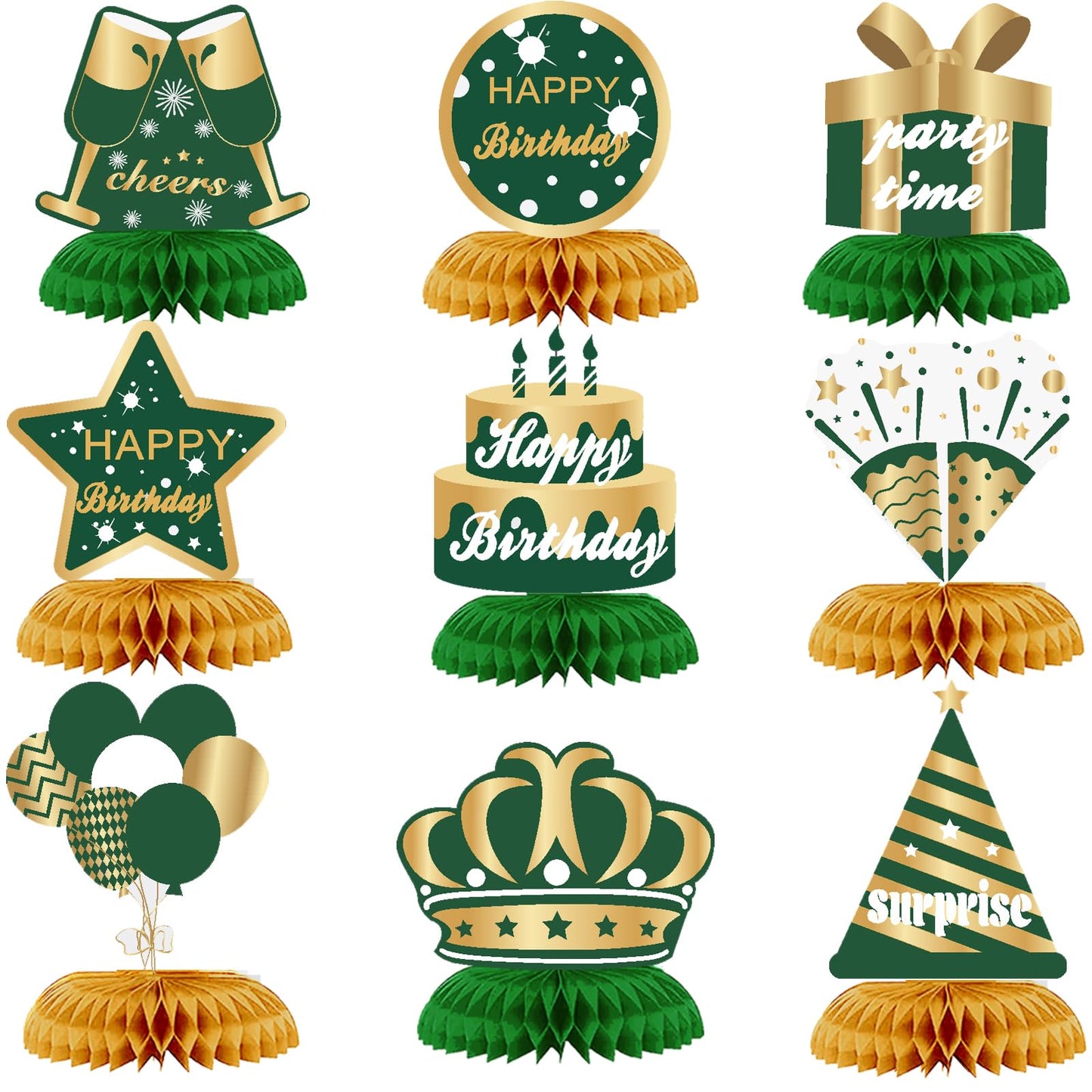 WINPOGEE 9PCS Green Gold Birthday Decorations Honeycomb Centerpieces for Women Men Green Gold Happy Birthday Table Centerpieces Party Supplies 16th
