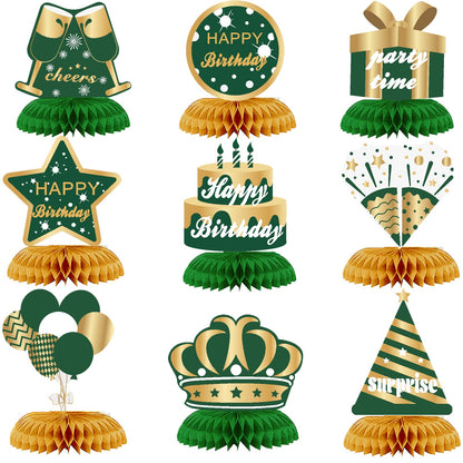 WINPOGEE 9PCS Green Gold Birthday Decorations Honeycomb Centerpieces for Women Men Green Gold Happy Birthday Table Centerpieces Party Supplies 16th