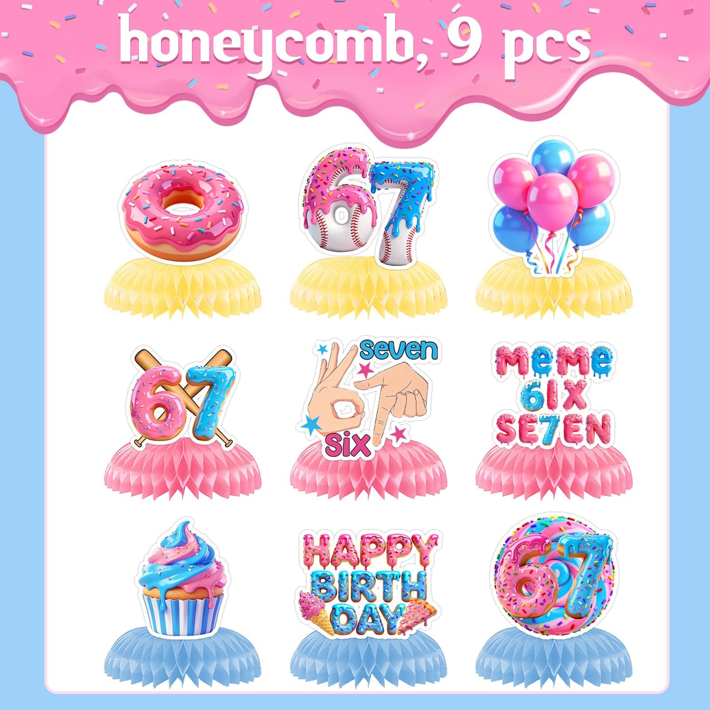 6 7 Birthday Decorations Donut Ice Cream Theme Six Seven Honeycomb Centerpieces Funny 67 Meme Party Table Decor for Kids Teens Adults Meme Lovers