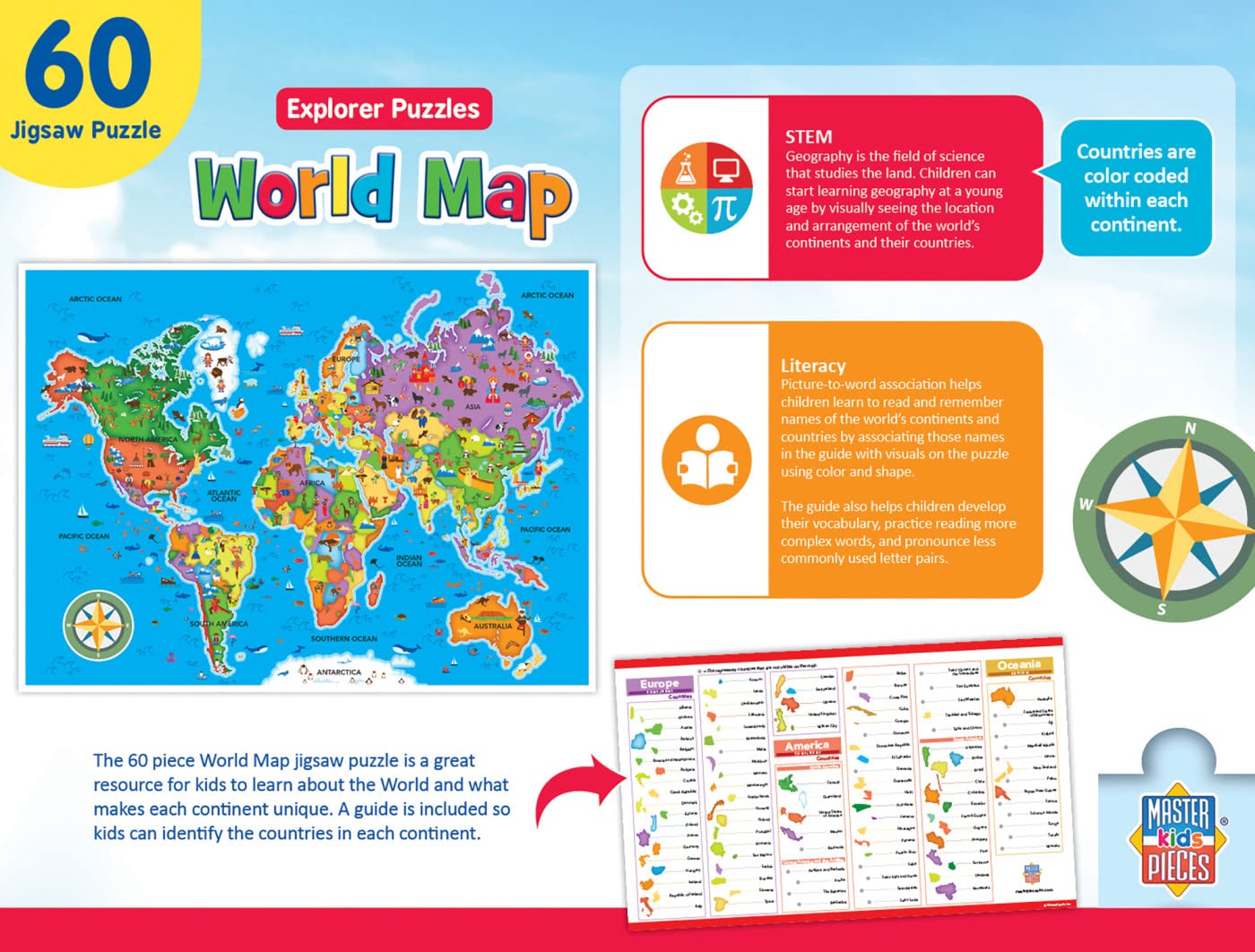 MasterPieces 60 Piece Educational Jigsaw Puzzle for Kids - World Map - 16.5"x12.75"