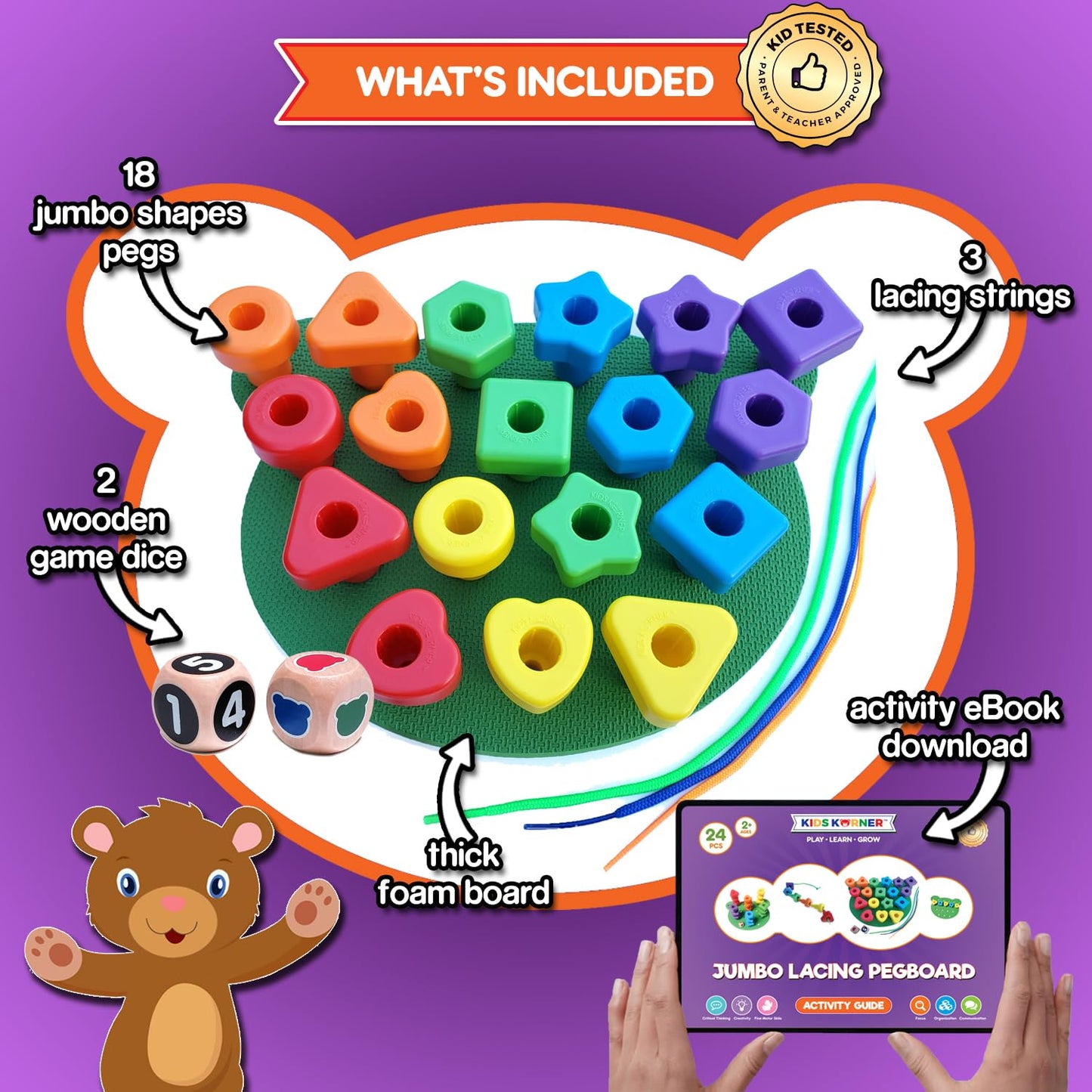 Jumbo Stacking Shapes Pegboard Set for Kids with 18 Pegs, 2 Wooden Dice, Lacing String & Storage Box (Light Rainbow Colors)