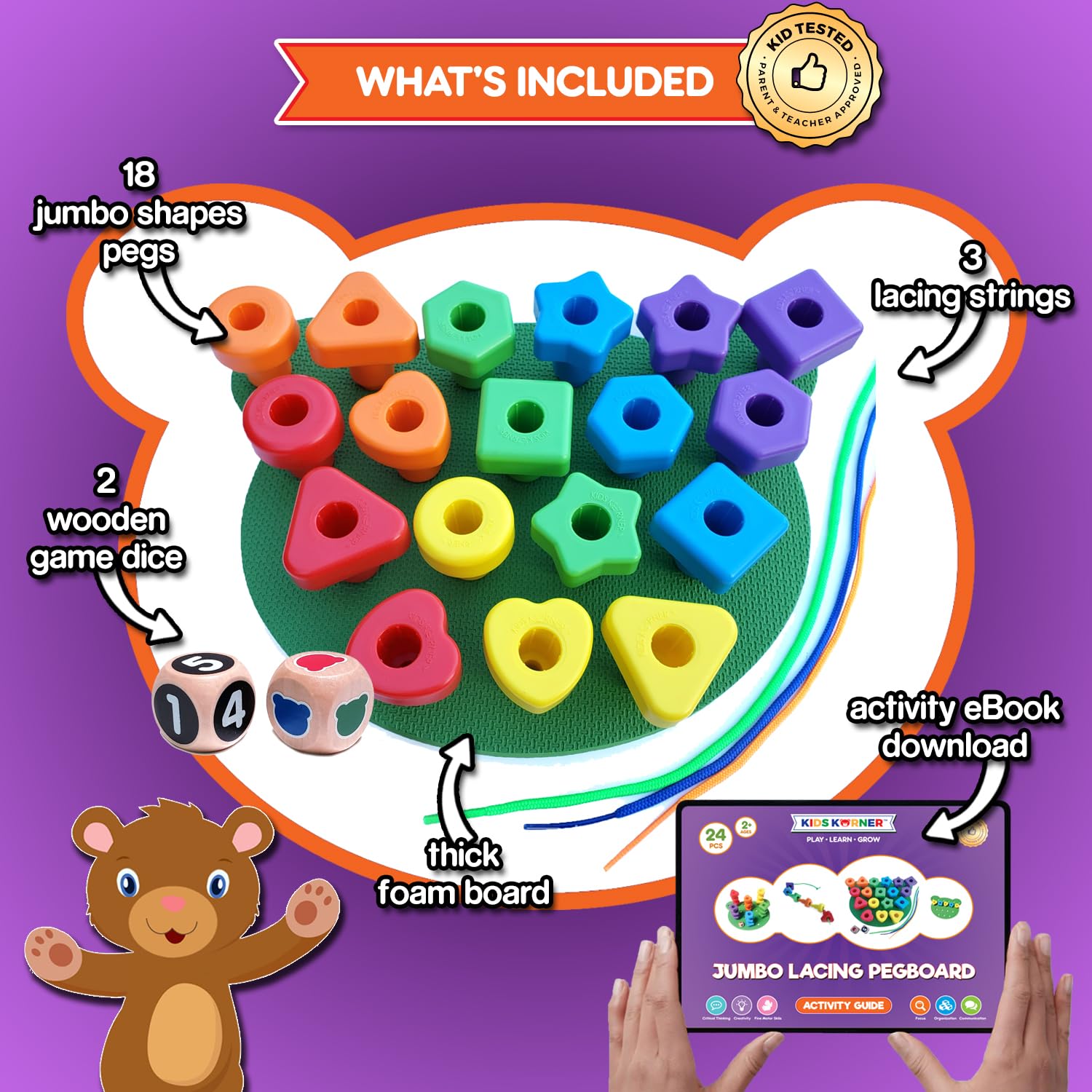 Jumbo Stacking Shapes Pegboard Set for Kids with 18 Pegs, 2 Wooden Dice, Lacing String & Storage Box (Light Rainbow Colors)