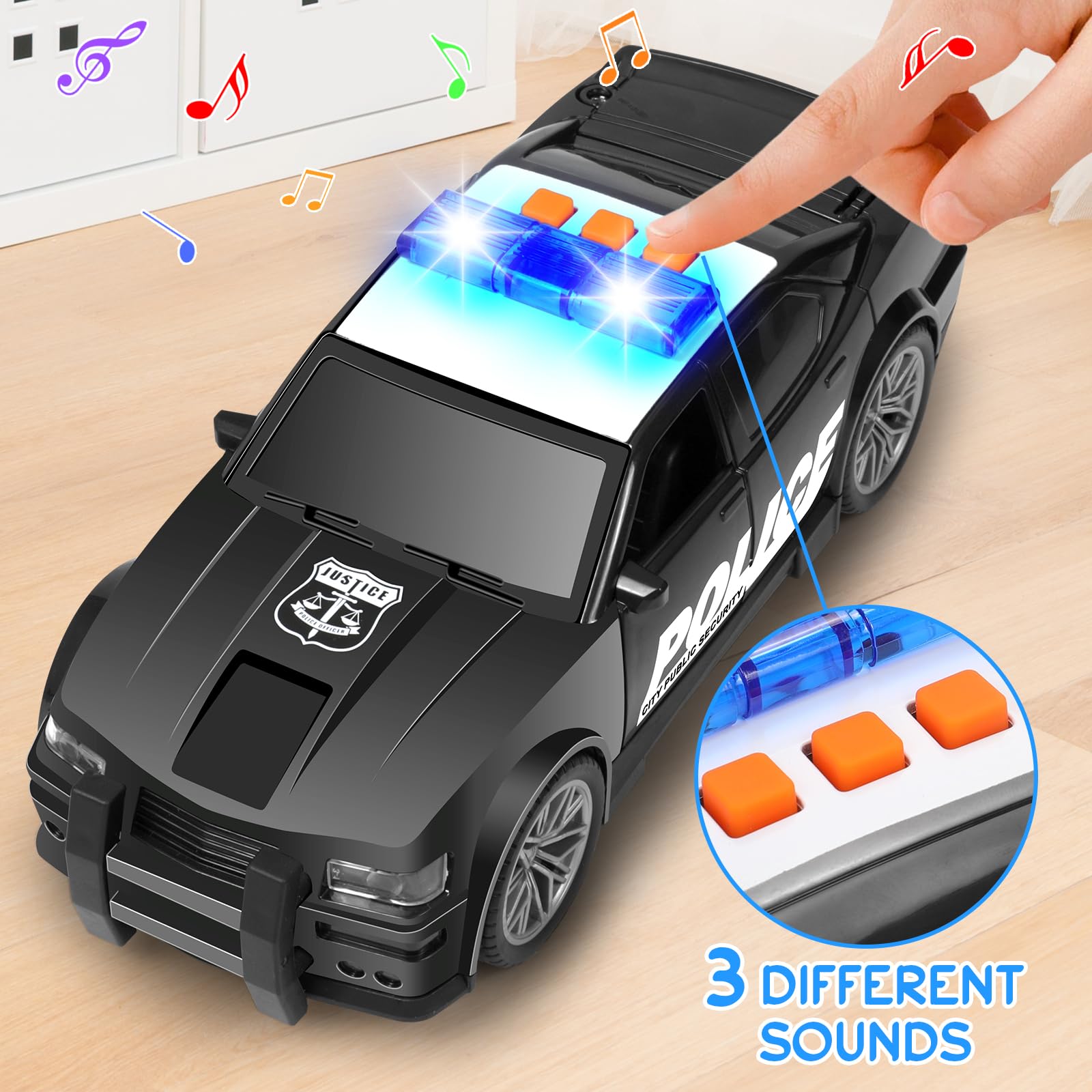 Police Car Toys for Boys 3-5 4-8 With 3 Different Flashing Lights & Sound, Side Doors Open Friction-Powered Wheels Pursuit Rescue Vehicle Light Up Toy
