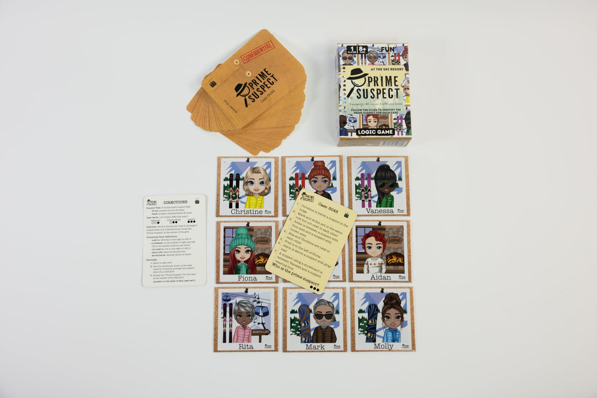 Fun Squared Games Prime Suspect Logic Game with 45 Case Cards | Single Player or Group Play | Ages 8+ | Compact Brain Teaser Game | Detective Game