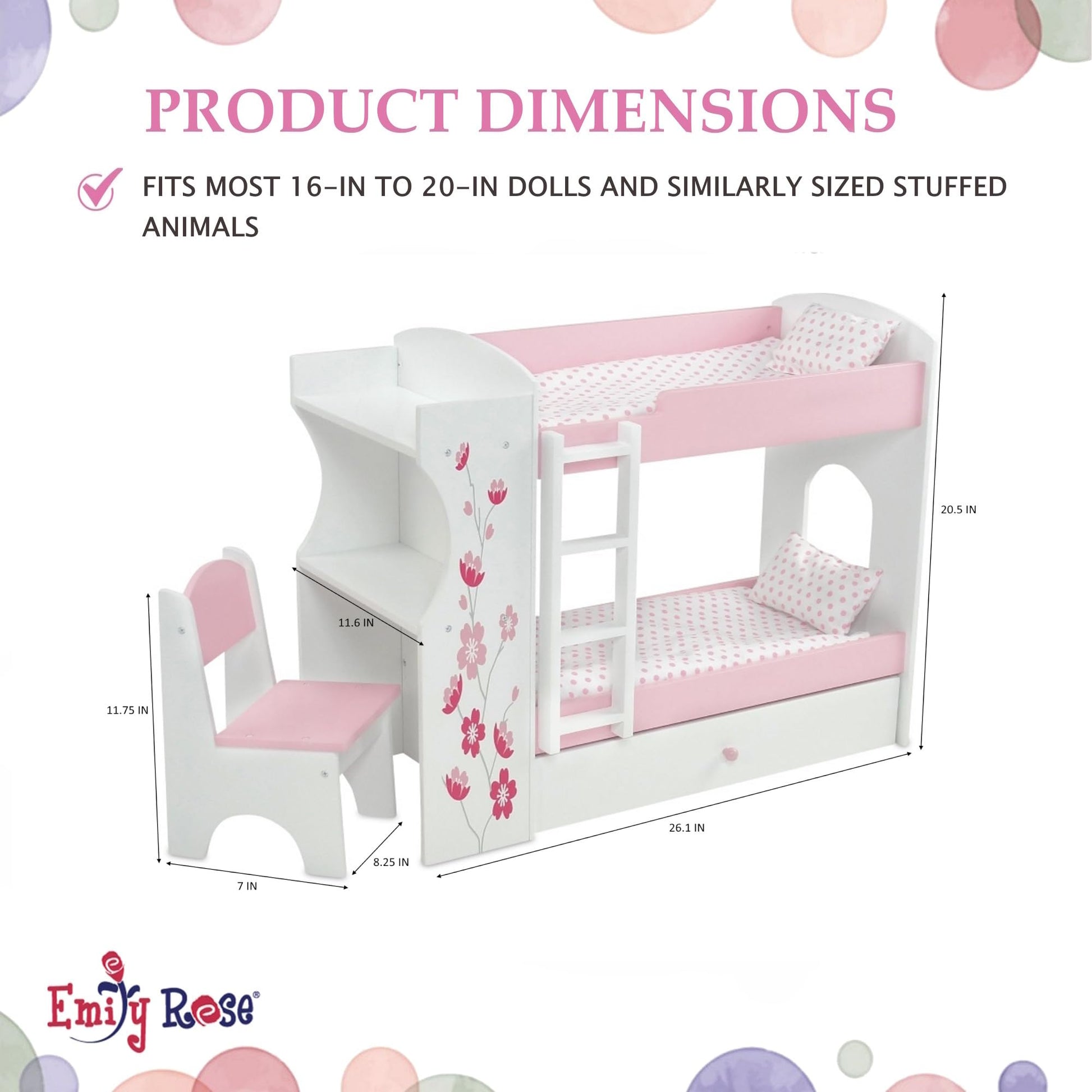 Emily Rose 18 Inch Doll Bunk Bed Set with Desk, Storage Drawer & Bedding