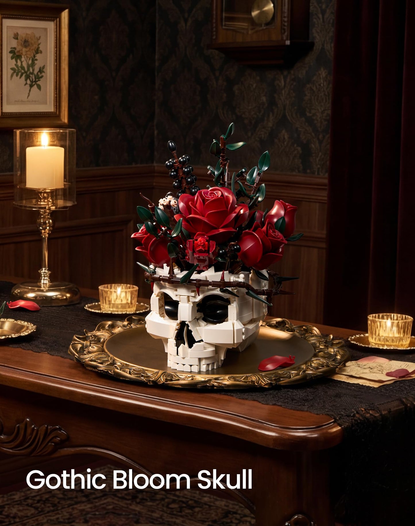 Gothic Skull Rose Flower Bouquet Building Set - Horror Skeleton Botanical Brick Kit for Adults, Gothic Decor with Red Roses, Dark Aesthetic Skull