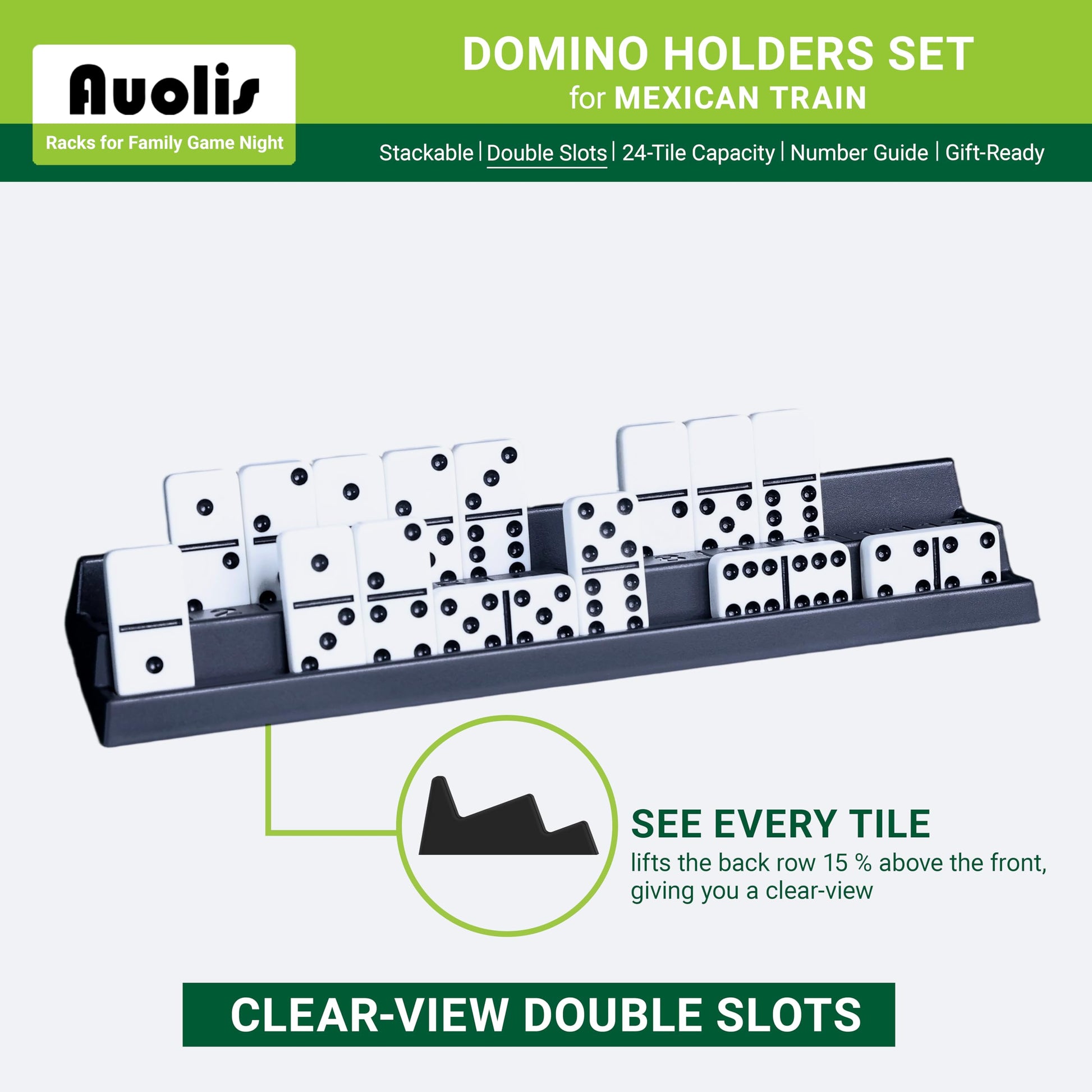 Auolis Domino Holders for Mexican Train, Set of 4 Stackable Trays, 24-Tile Capacity Each, Plastic Racks for Family Game Night