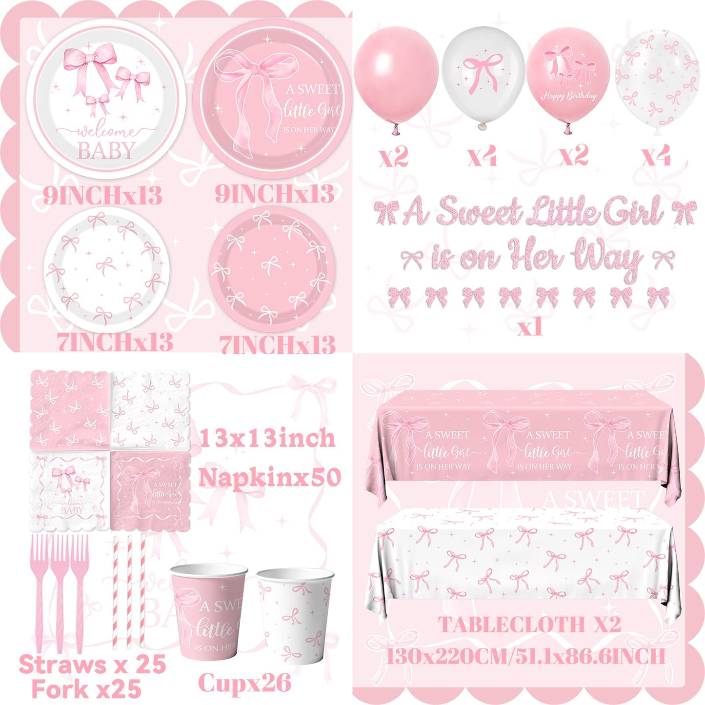 Pink Bow Baby Shower Decorations for Girl - Bow Party Tableware Include Plates,Napkins,Banner A Sweet Little Girl is on Her Way Decorations