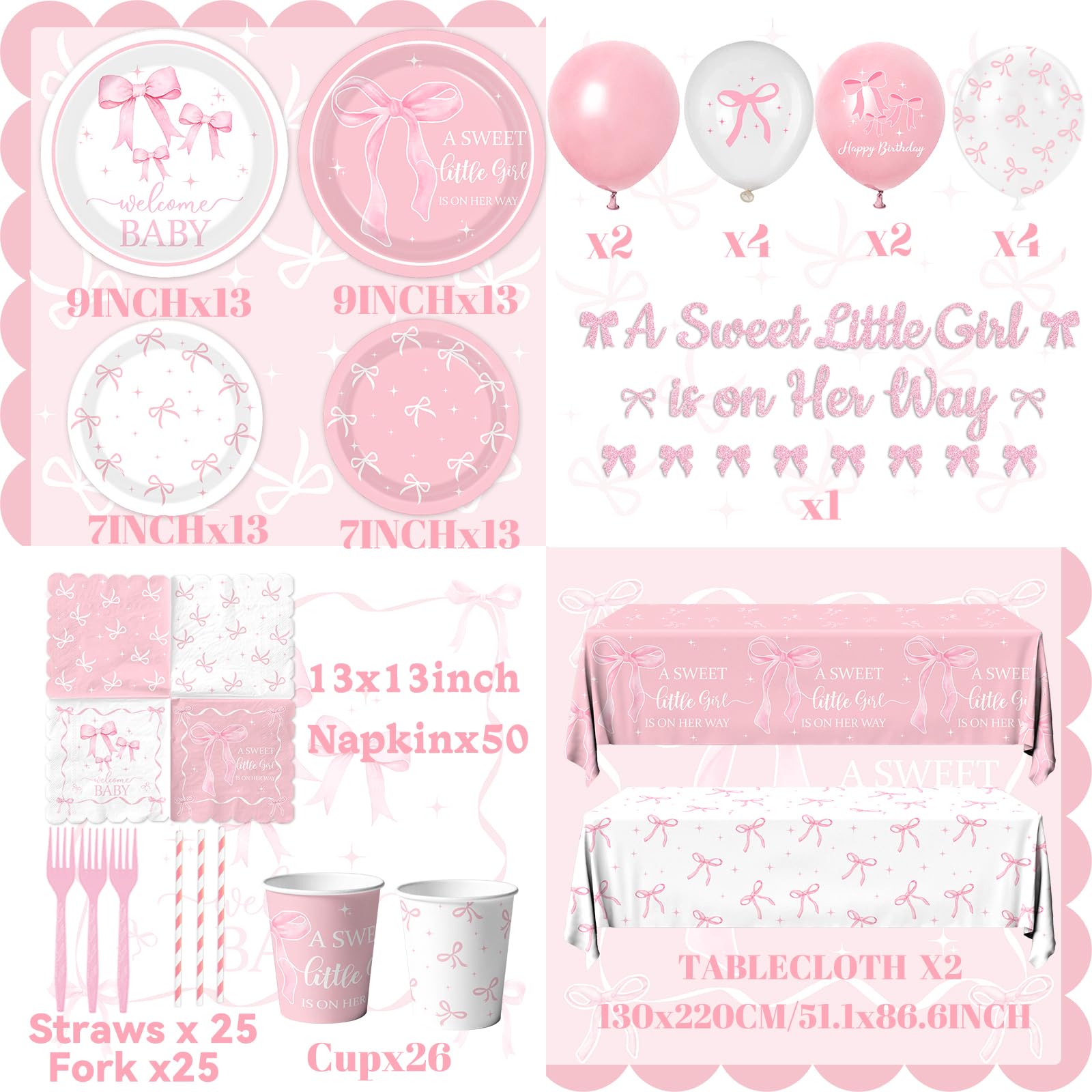 Pink Bow Baby Shower Decorations for Girl - Bow Party Tableware Include Plates,Napkins,Banner A Sweet Little Girl is on Her Way Decorations