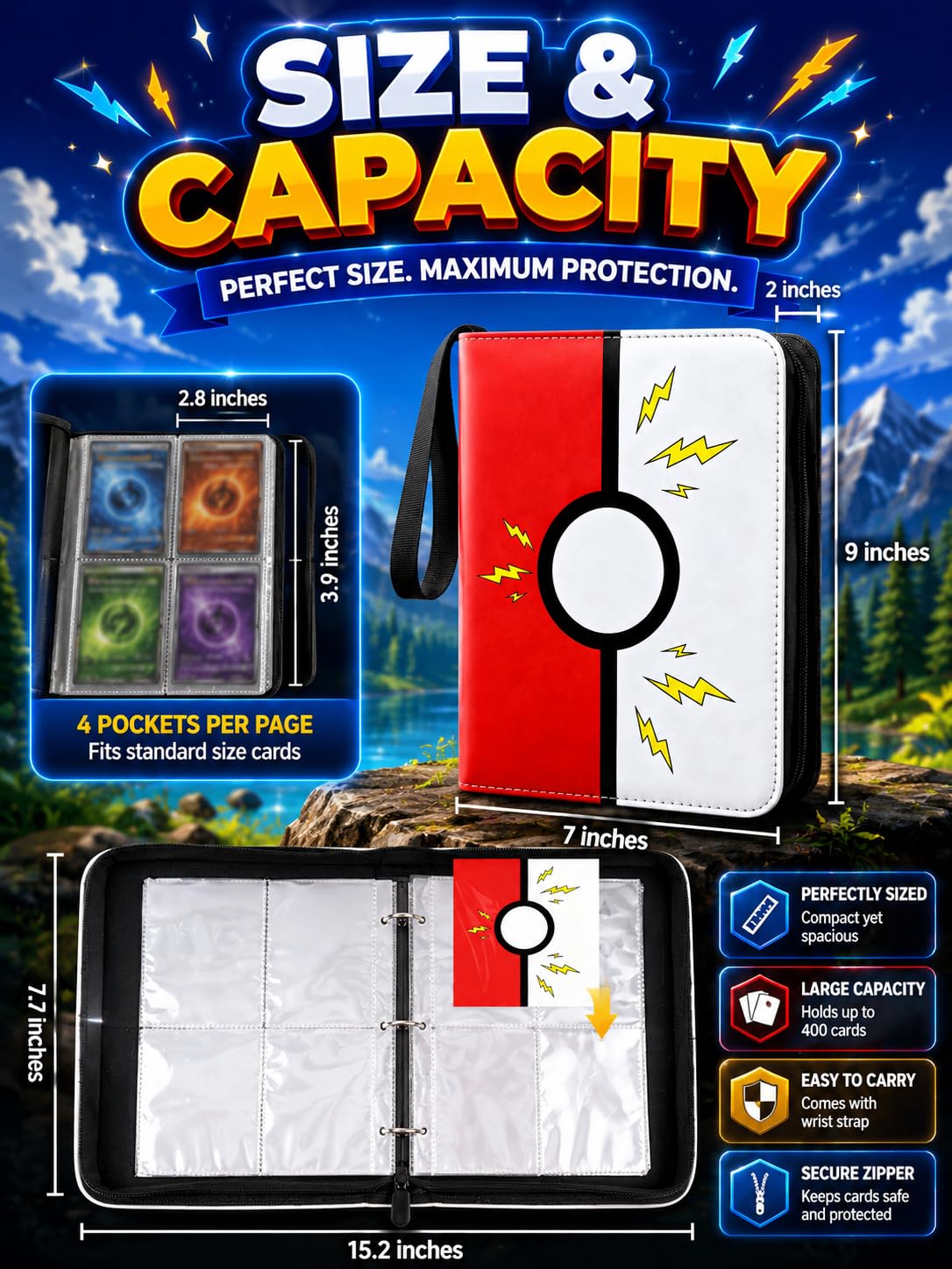 Trading Card Binder for Kids - 400 Cards Capacity Zipper Album with Portable Strap, Double Sided 8 Pocket Pages for MTG Yu-Gi-Oh Baseball Card