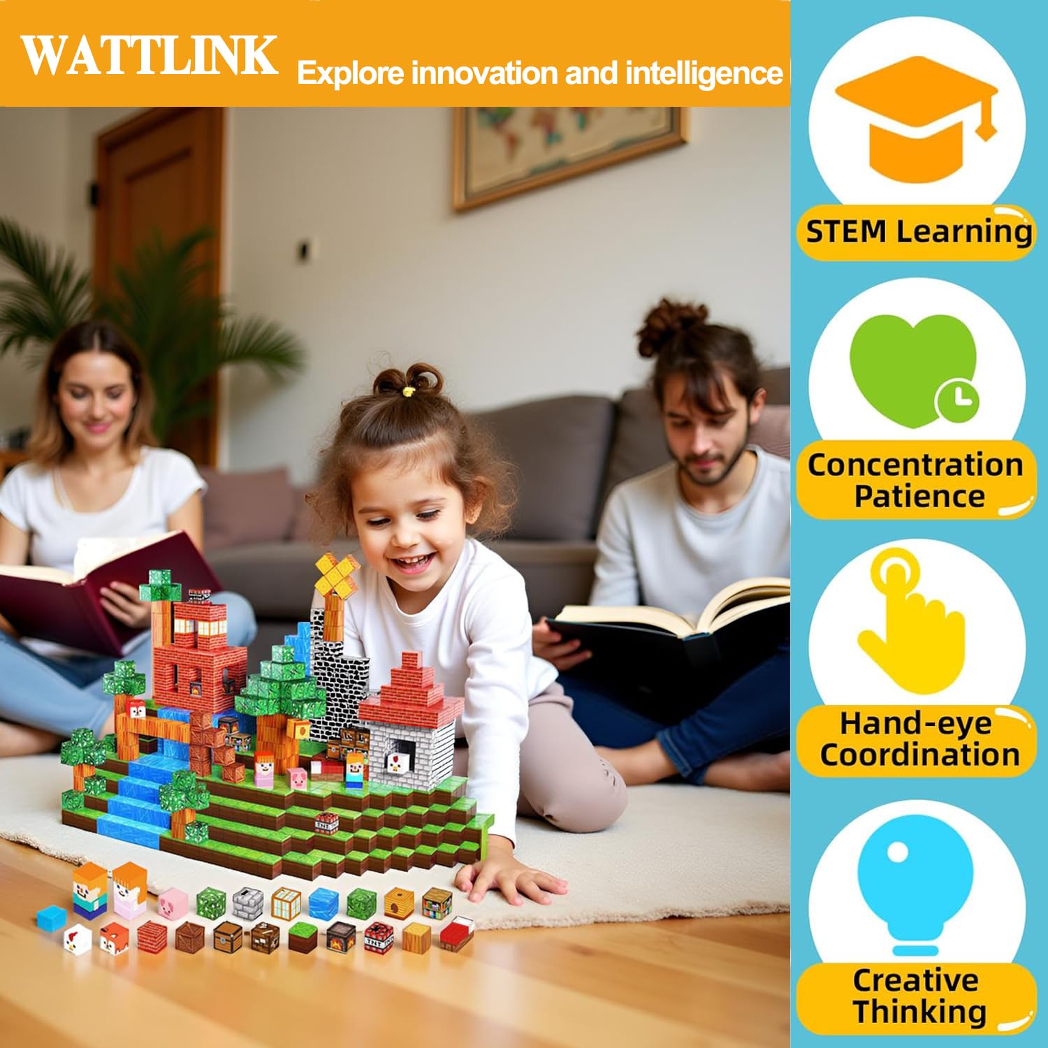 Wattlink Magnetic Building Blocks Set, 150 Pieces Educational Construction Cubes with Magnets, 3D Building Toys for Ages 3+, Compatible with Multiple