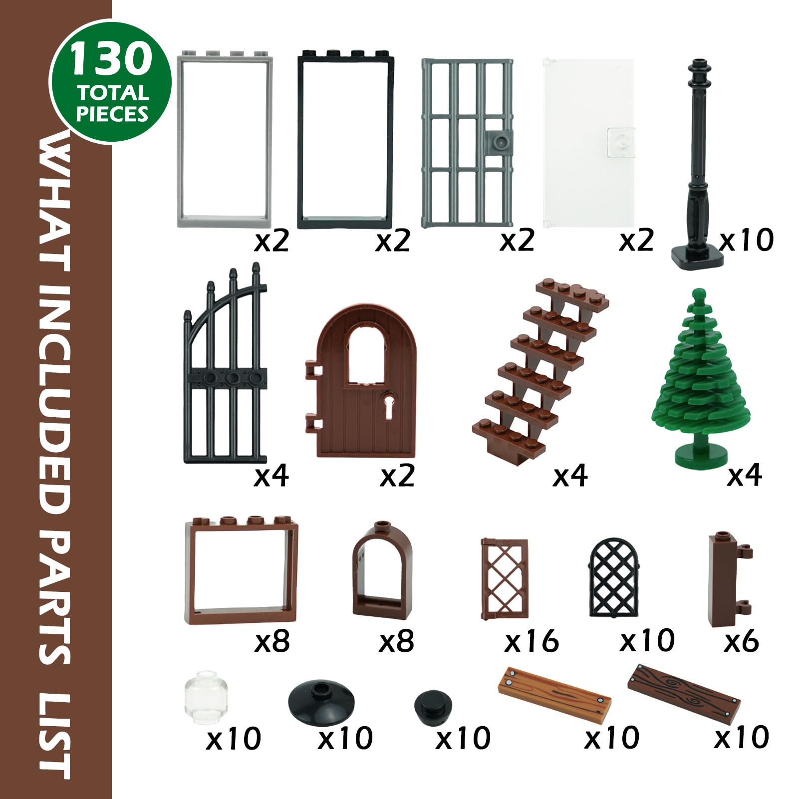 BroTex Doors Windows Accessories Bricks Pieces, City House Parts Garden Classic Road Lamp Light Ladder Gate Castle, Creative DIY Construction