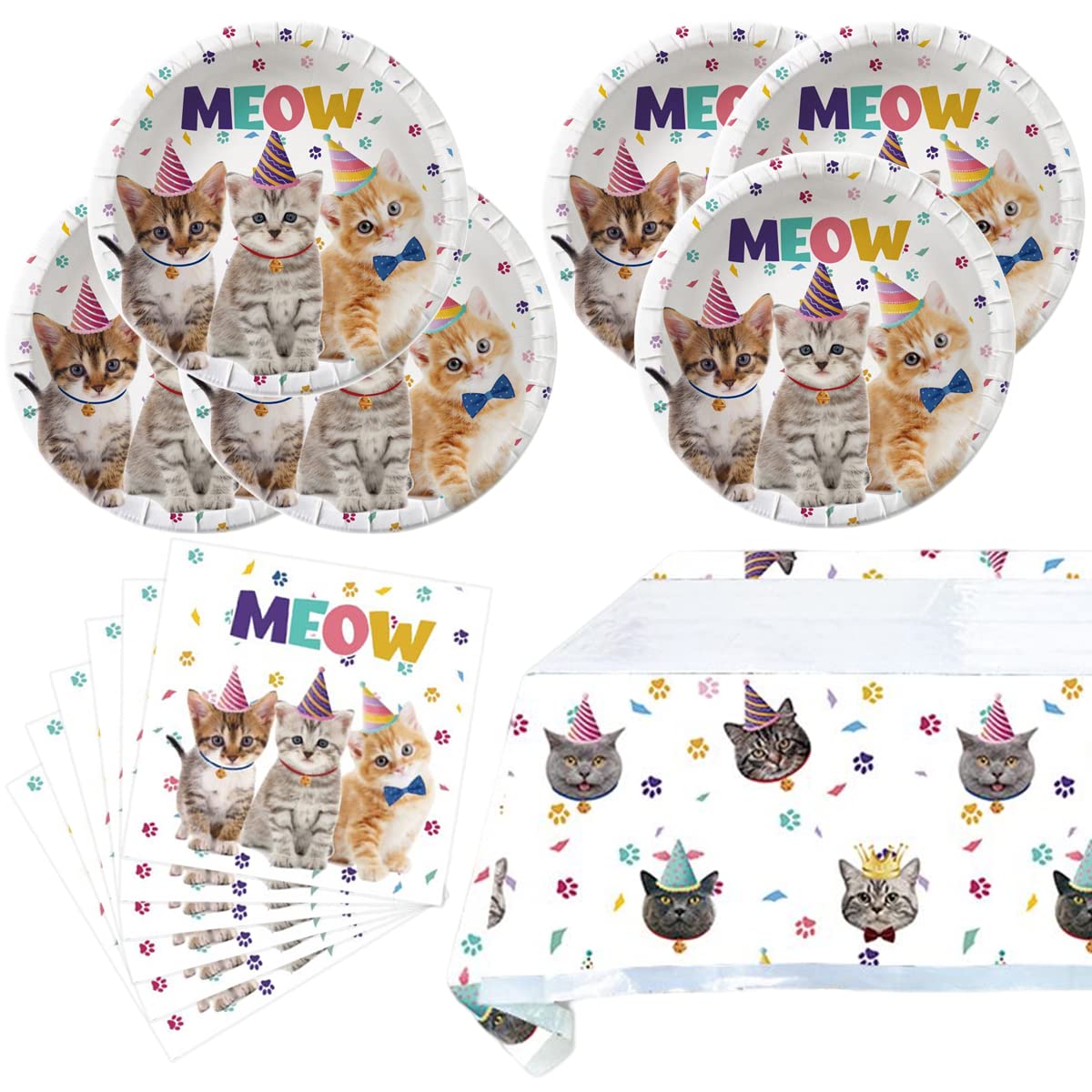Cat Party Supplies Tableware ,20 Plates and 20 Napkins and Tablecloth71 '' x 42 '',Kids Cat Birthday Theme Party Decorate Supplies
