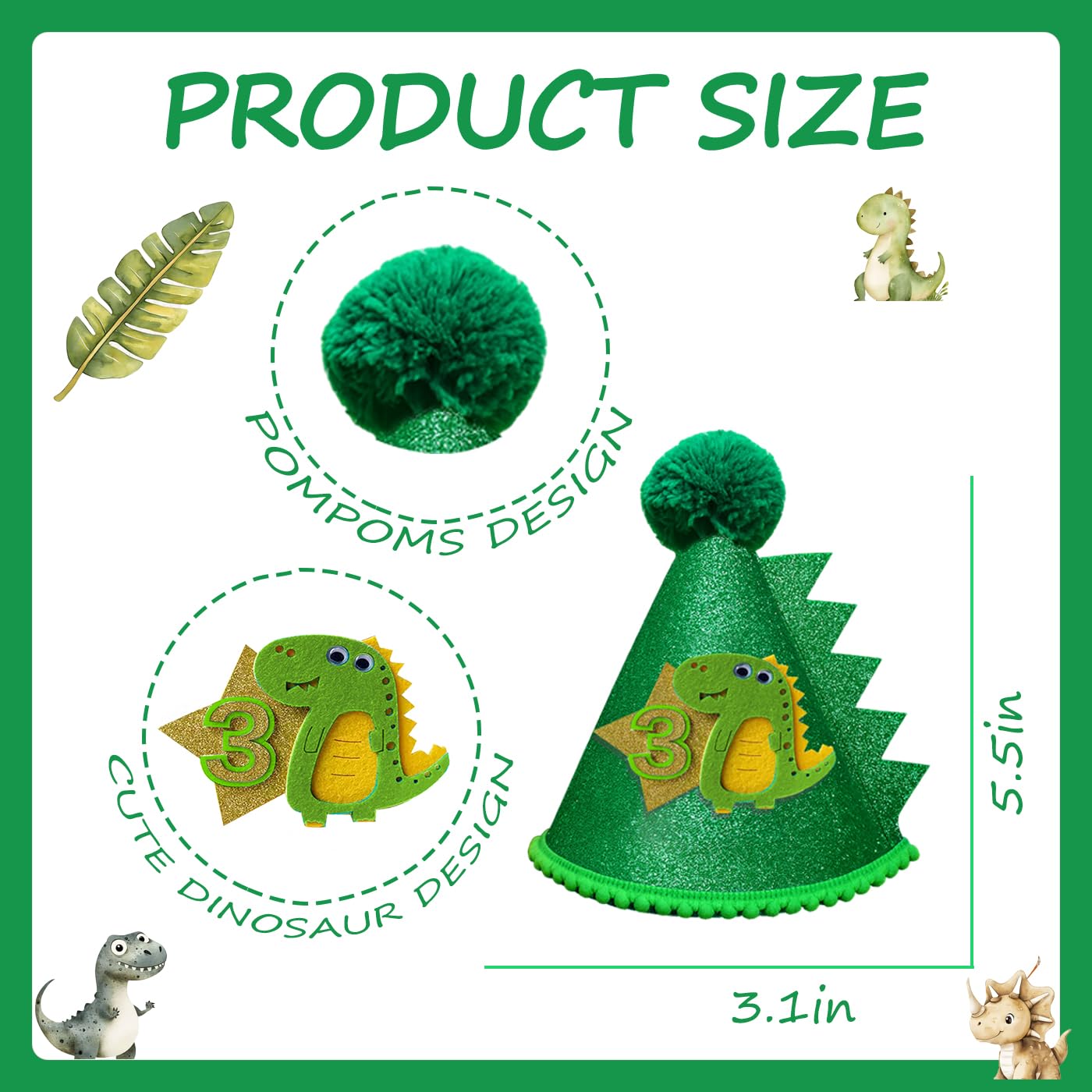 3rd Dinosaur Hat Green Glitter Dinosaur Crown 3rd Dinousour Hat Decoration