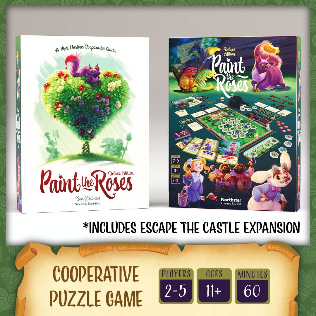 Paint the Roses Deluxe Board Game | Cooperative Alice in Wonderland Deduction Game | Includes Escape the Castle Expansion | 2-5 Players | Age 11+