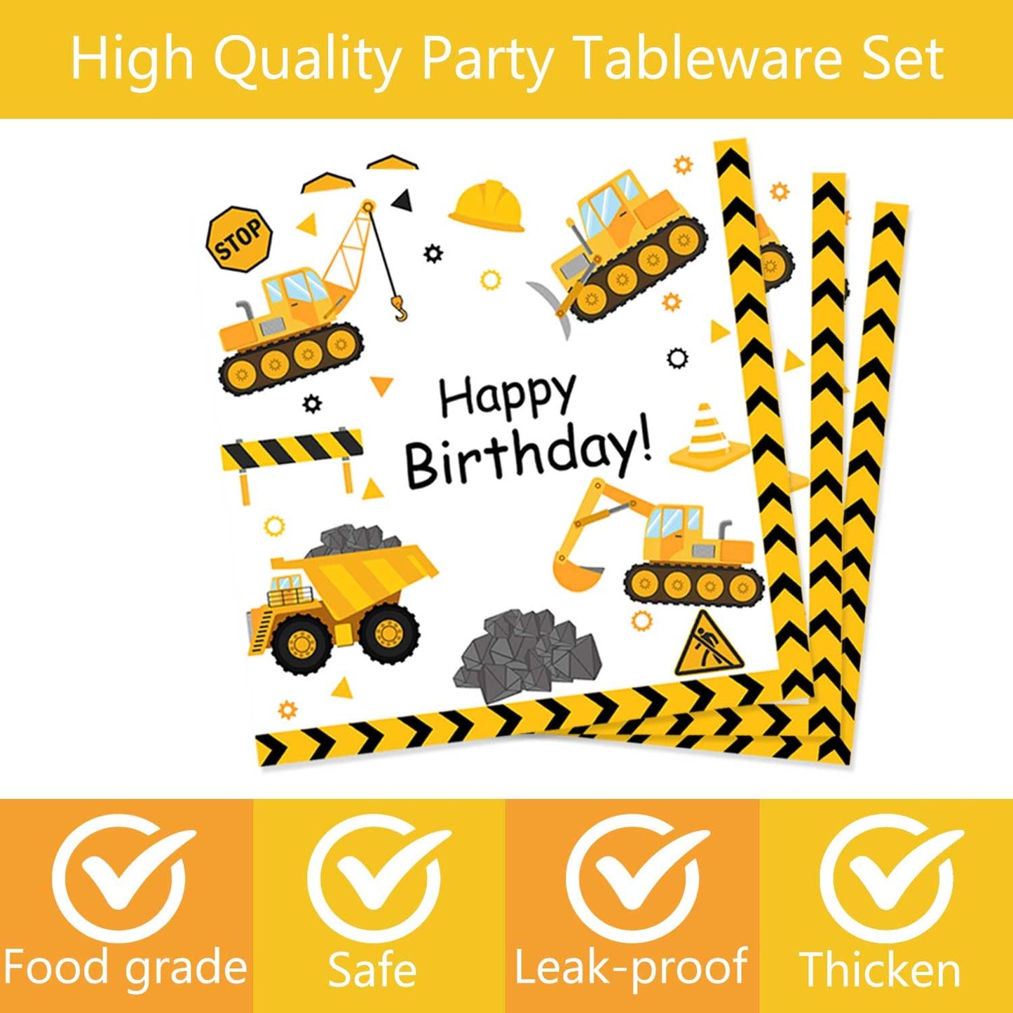 Letromp 80 Pcs Construction 3rd Birthday Decorations Construction Three Years Old Disposable Paper Dinner Plates Napkins Forks Dinnerware for Dump