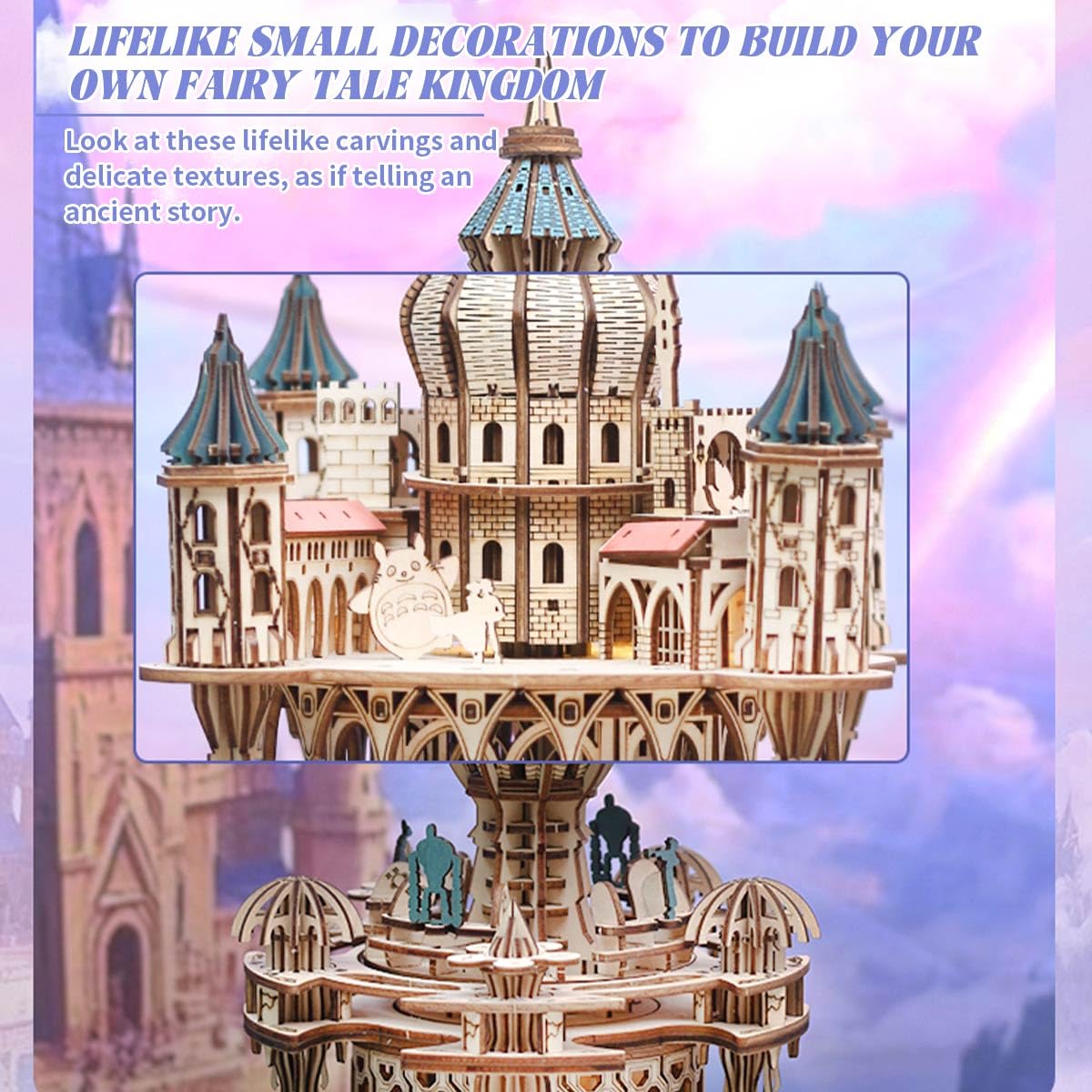 URFunModel 3D Wooden Puzzle for Adults, Mechanical Transmission Castle in The Sky Music Box Wooden Model Kit to Build, 534PCS DIY Assembly Steampunk
