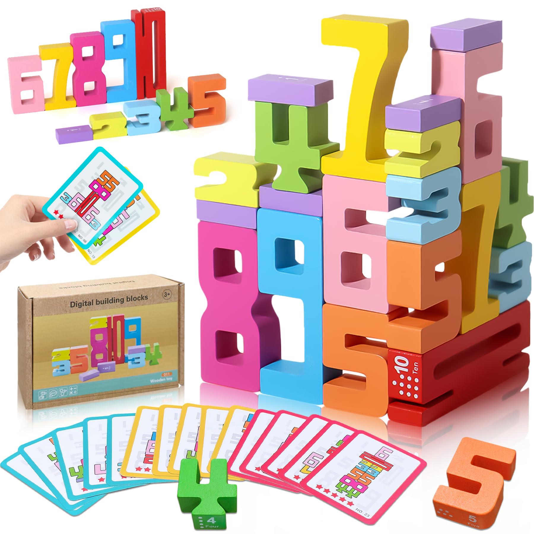 XPQKDC Wooden Number Building Blocks - 20Pcs Stacking for 3+ Years Old Kids, Digital Building Blocks, 1-10 Digital Blocks Toys, Balance Competition