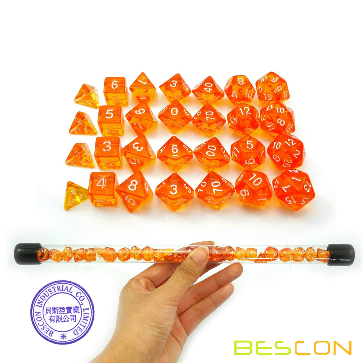 Bescon 28pcs Translucent Orange Mini Polyhedral Dice Set in Tube, Small Role Playing Polyhedral Dice 4X7pcs,Mini Gem Dice Set