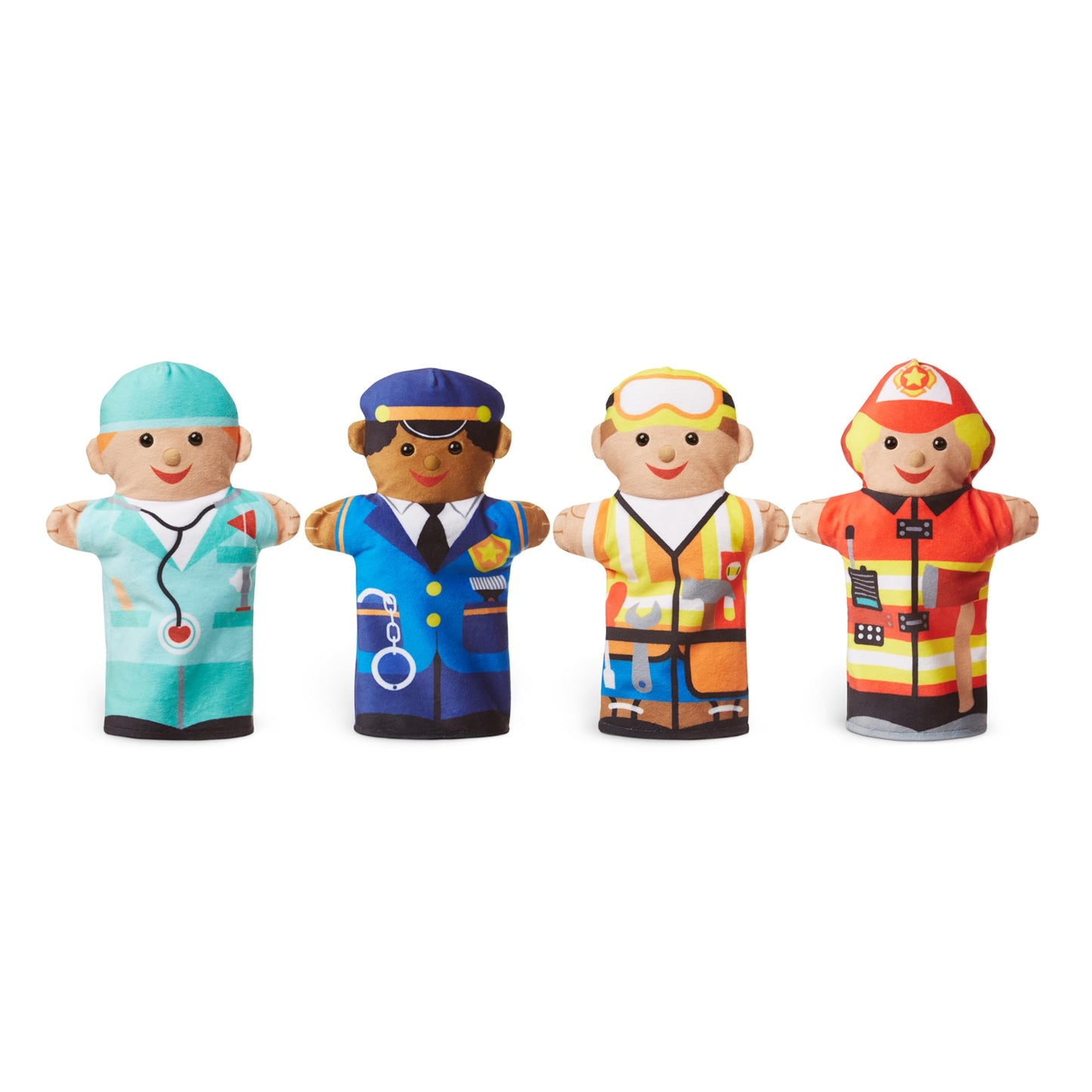 Melissa & Doug Jolly Helpers Hand Puppets (Set of 4) - Construction Worker, Doctor, Police Officer, and Firefighter