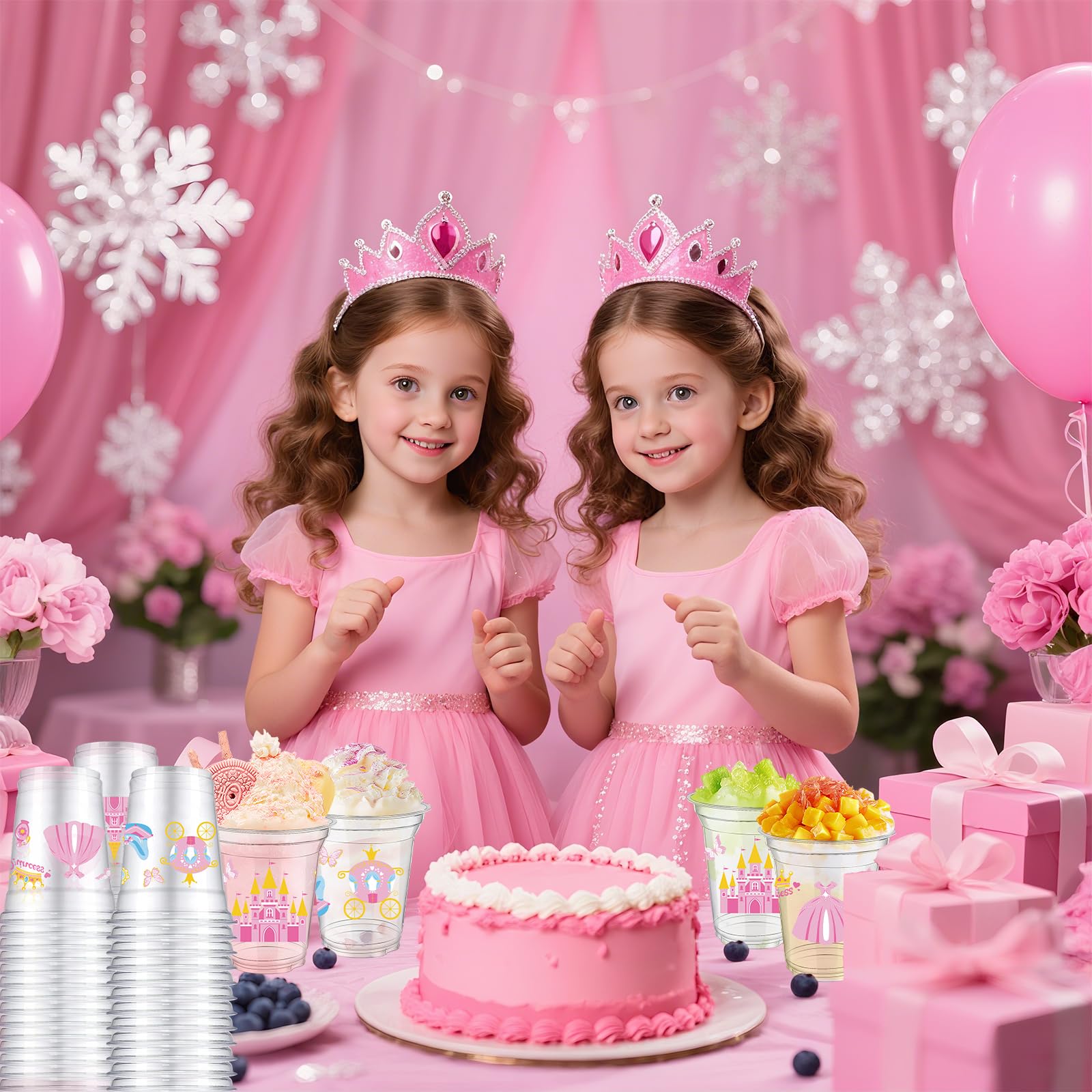 VDESFUEBY 40Pcs Pink Princess Castle Disposable Plastic Cups 12oz Pink Party Cups Disposable Transparent Princess for Princes Themed Birthday Party