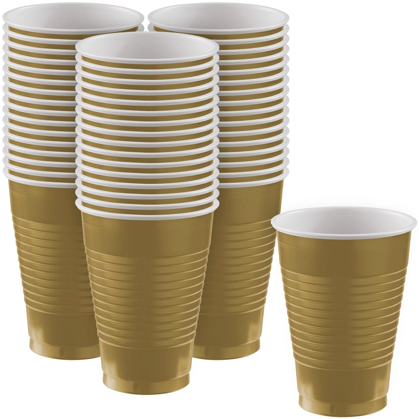 Amscan Premium Gold Plastic Cups (12 oz) 50 Count - Stackable, Heavy-Duty & Eco-Friendly Party Drinkware, Vibrant Color & Ultimate Durability