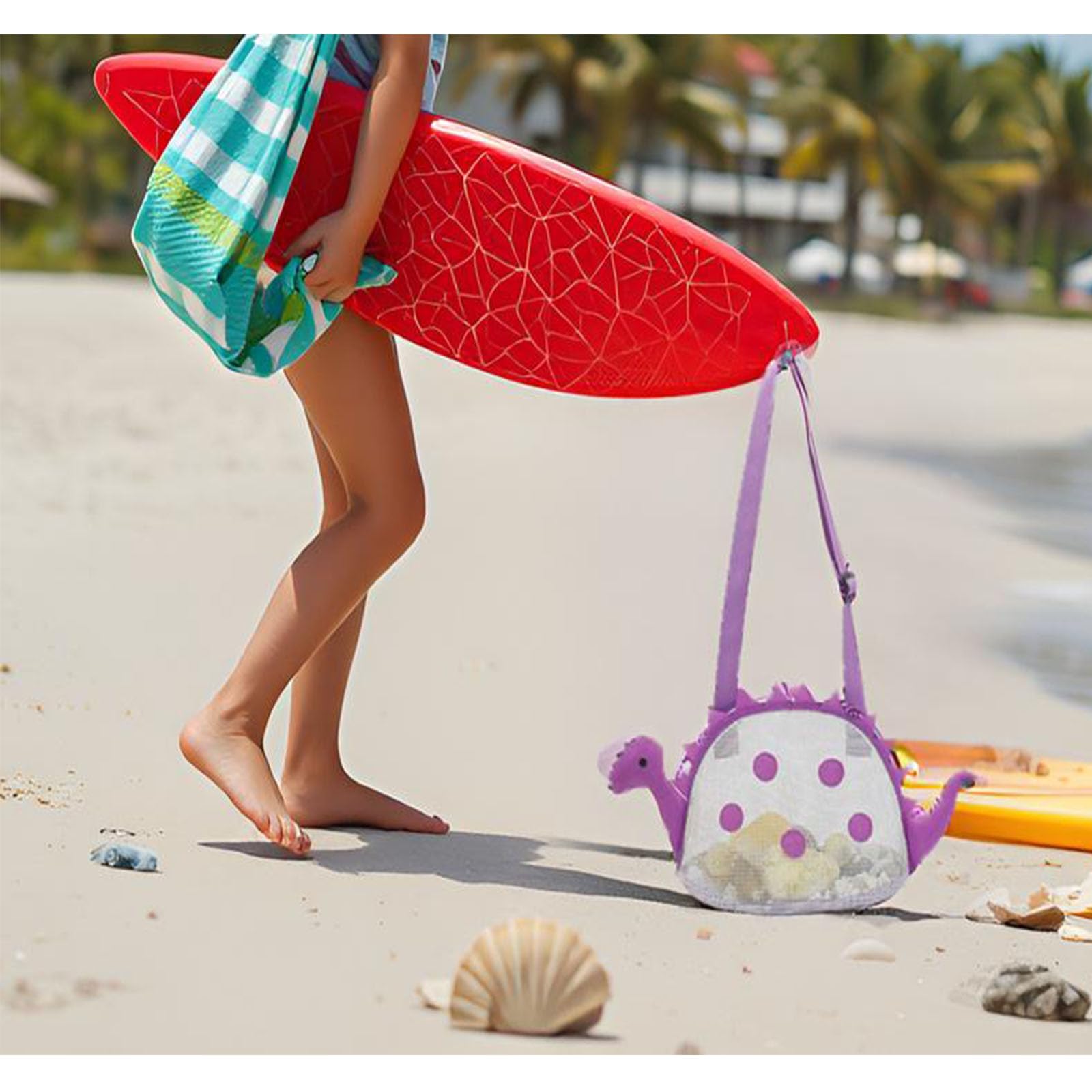 AUONY Beach Toy Mesh Beach Bag Kids Shell Bag Dinosaur Beach Sand Toy Totes for Holding Shells Beach Toys Sand Toys Swimming Accessories for Boys